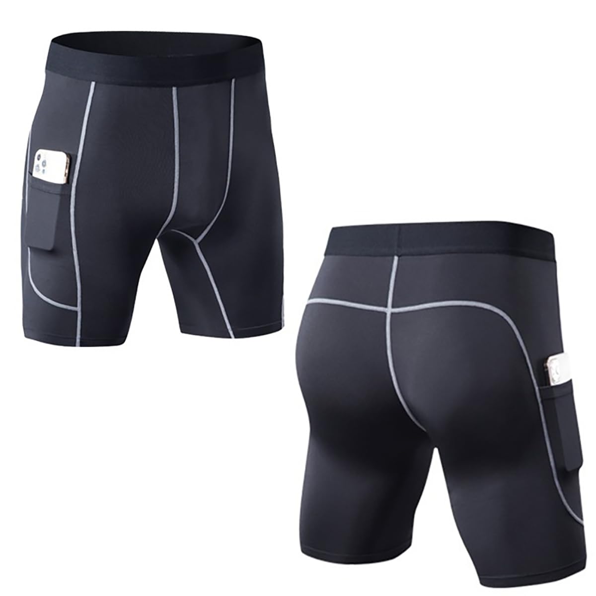 【送料無料】[ORBU] コンプレッション ハーフタイツ メンズ ポケット付き トレーニング 筋トレ ランニング 用 ショート タイツ スポーツ スパッツ ス着圧 通気 吸汗 速乾(ブラック（グレーライン）-M)