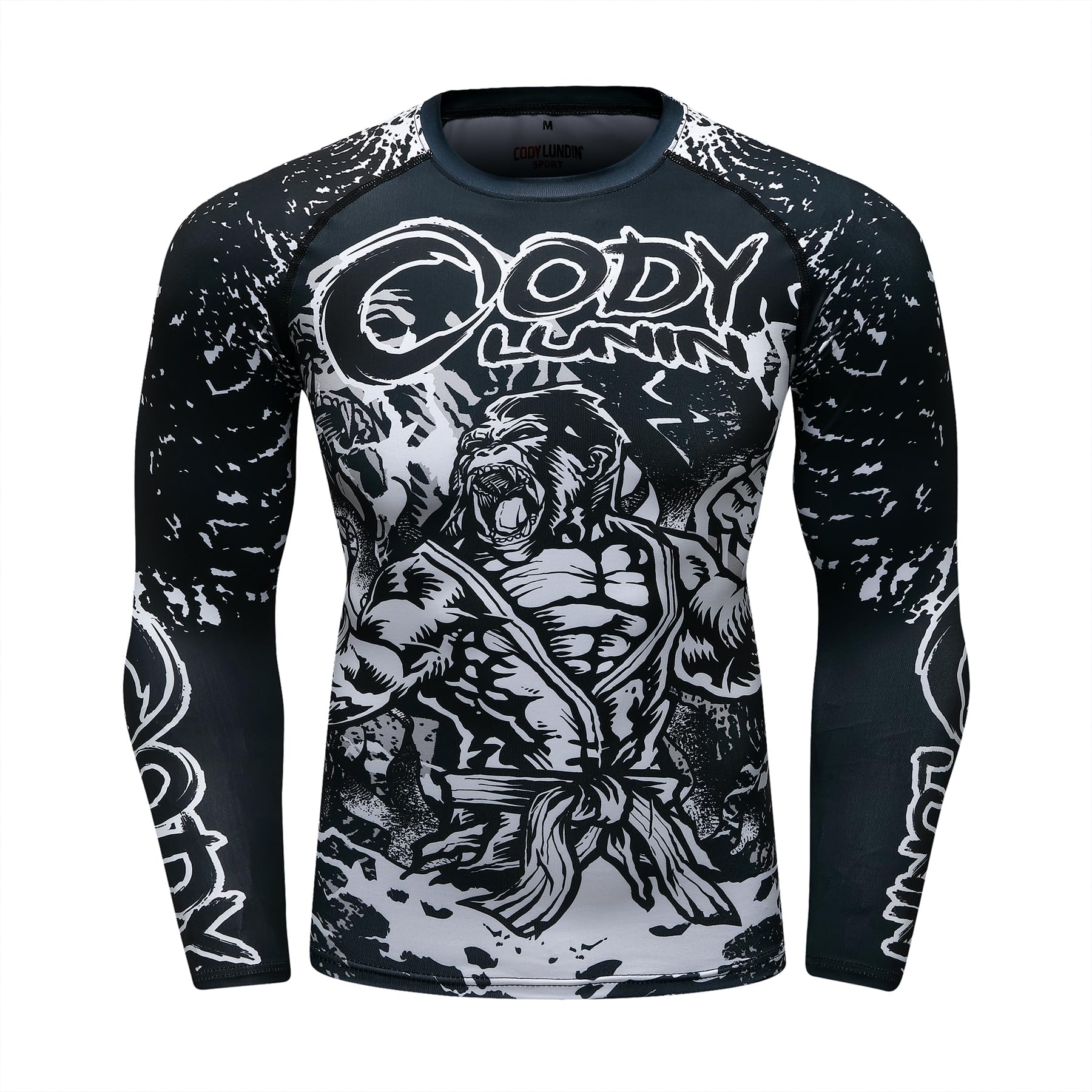 【送料無料】[ORBU] コンプレッションウェア メンズ 長袖 プリント柄 インナー パワーストレッチ アンダー シャツ 吸汗 速乾 通気 トレーニングウェア（ブラック（ゴリラ）-XL）