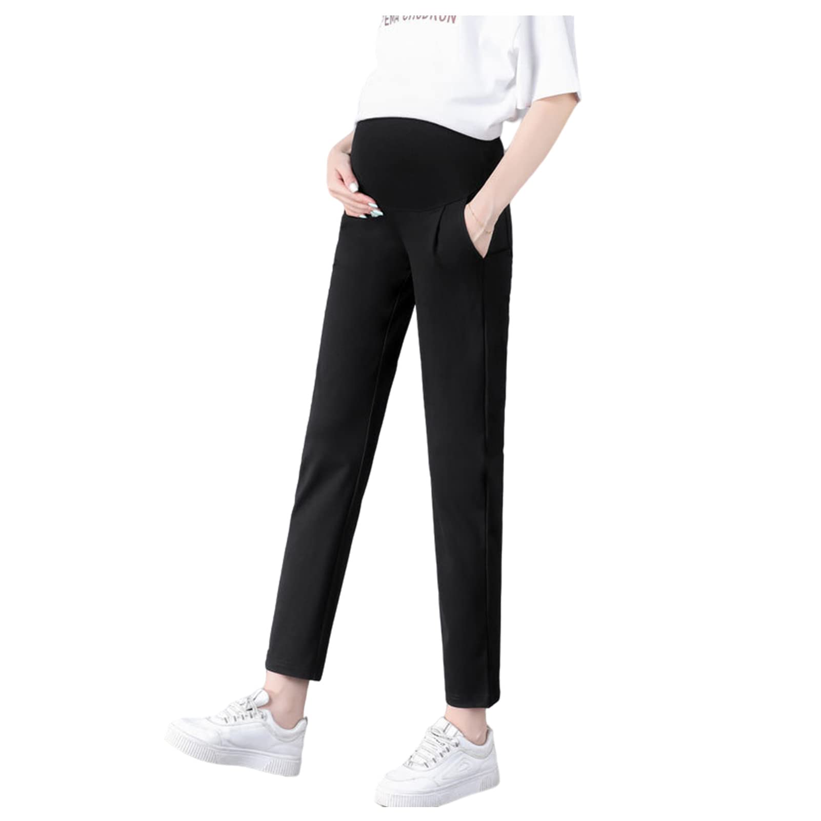 【送料無料】[Onabebi] マタニティパンツ ズボン 妊娠服 フォーマル ウエスト調整 ストレッチ 九分丈 カジュアル 着痩せ効果 M-6XL 夏 (ブラック-ストレート, XL)