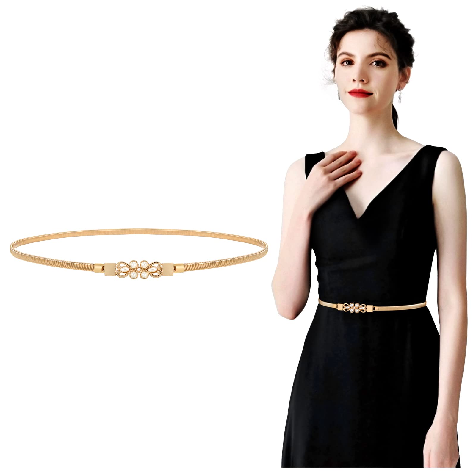 【送料無料】[JASGOOD] ベルト レディース 細い 幅1cm ドレス ベルト 伸縮あり金属 結婚式 パーティー ..