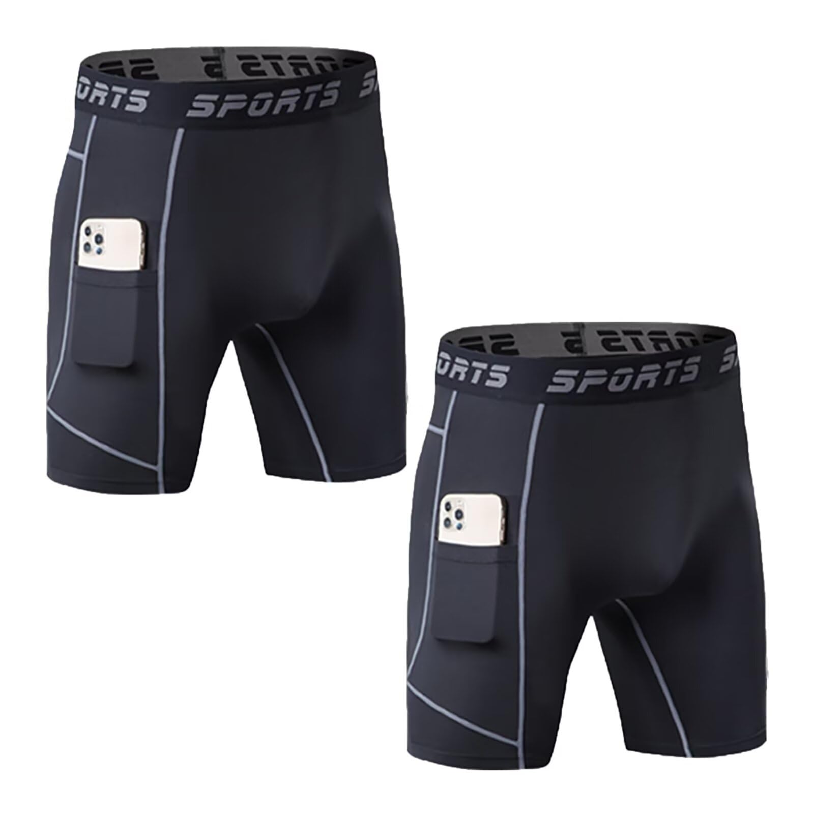 【送料無料】[ORBU] コンプレッション ハーフタイツ メンズ ポケット付き トレーニング 筋トレ ランニング 用 ショート タイツ スポーツ スパッツ ス着圧 通気 吸汗 速乾(ブラック2（グレーライン，2枚組）-2XL)