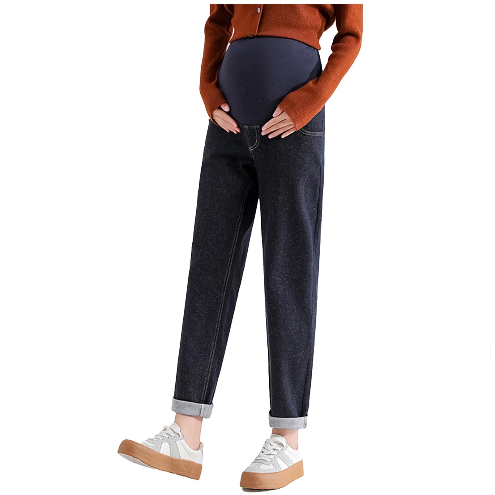 【送料無料】[Onabebi] マタニティパンツ 妊娠のズボン ジーンズ デニム ウエスト調整 ポケット付き 美ライン カジュアル 足長効果 薄手 体型カバー 着痩せ効果 (JP, アルファベット, L, ダークブルー)