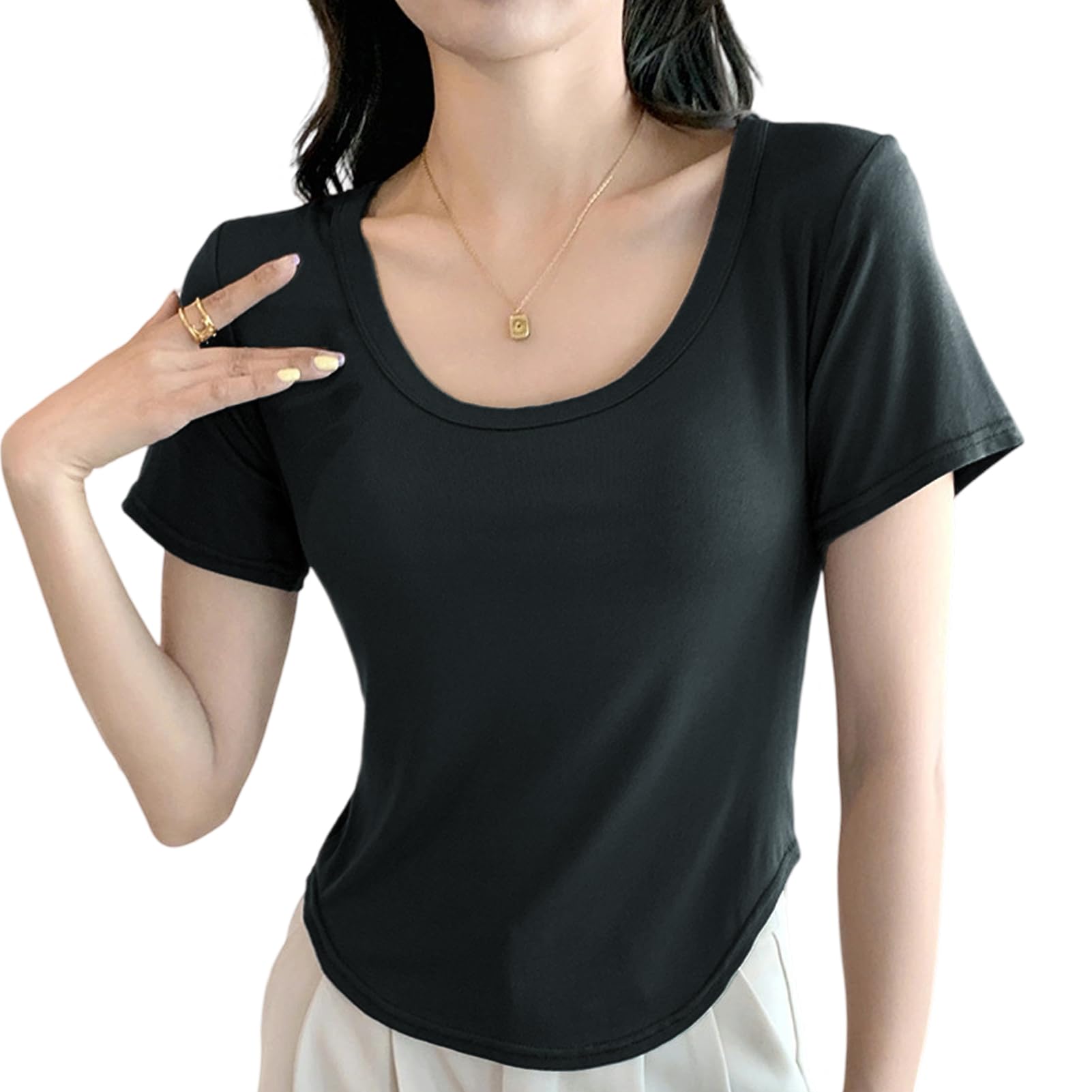 【送料無料】[Formemory] レディース Uネック 半袖Tシャツ 丸首 Tシャツ 春夏向け 薄手 インナー＆アウ..