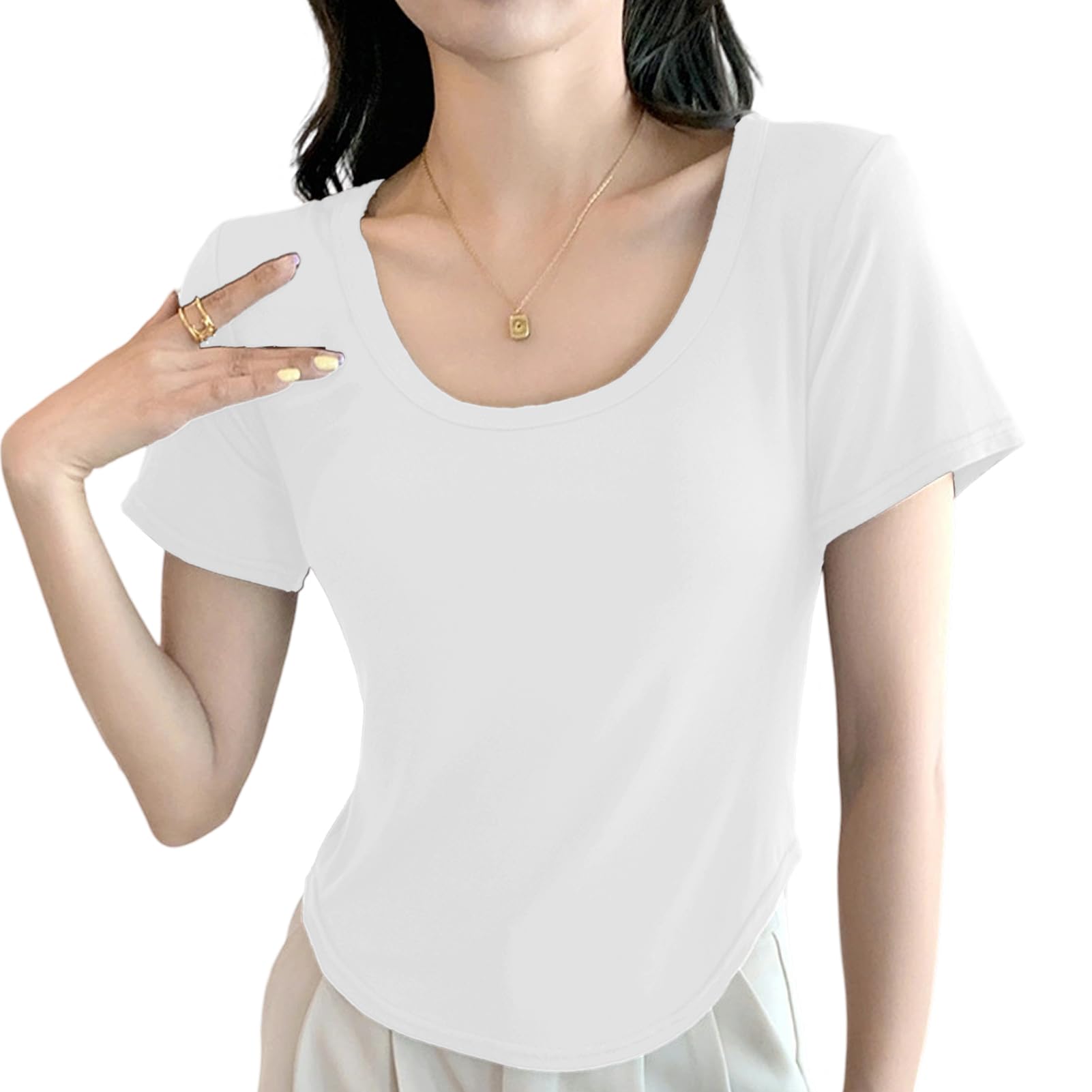 【送料無料】[Formemory] レディース Uネック 半袖Tシャツ 丸首 Tシャツ 春夏向け 薄手 インナー＆アウ..