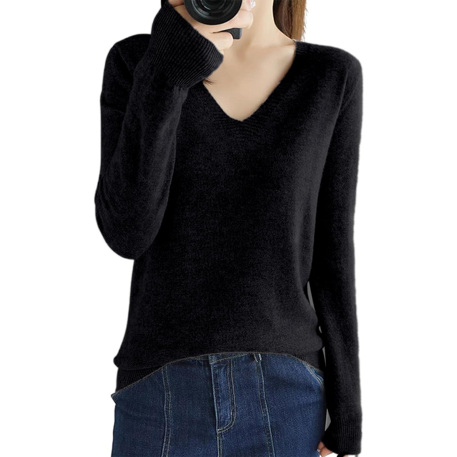 【送料無料】[Formemory] セーター レディース ニット トップス 重ねる着便利 着痩せ 小顔 無地 Vネック カットソー ニットソー 柔らかい ゆったり 高伸縮 長袖 着回しやすい 秋 冬 カジュアル シンプル おしゃれ 可愛い 秋冬 (JP, アルファベット, XL, ブラック)