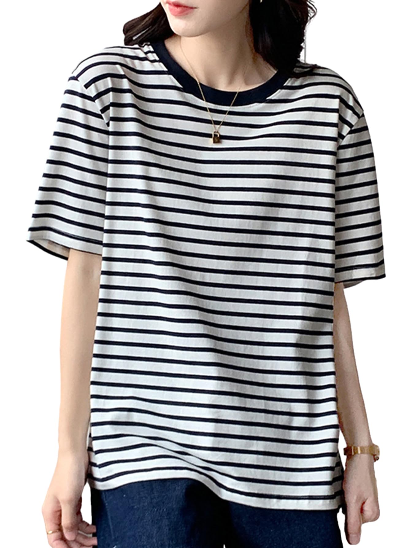 【送料無料】[Matreeglam] レディース tシャツ 半袖 長袖 ボーダー 夏服 レディース トップス カットソー 綿 ゆったり 柔らかい 通気 おしゃれ 可愛い ストライプ 春 夏 秋 (JP, アルファベット, L, 半袖-ネイビー)