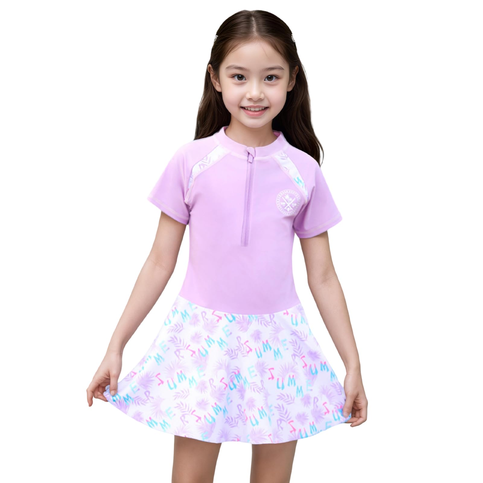 【送料無料】[Matreeglam] 水着 子供 女の子 スカート水着 タンキニ 半袖 キッズ 水泳着 女児 小学生 ジュニア スイムウェア 子供用 速乾素材 紫外線対策 UVカット 夏休み 海 ビーチ 温泉 旅行 プール (JP, 身長, 140, 【ワンピースタイプ】パープル)