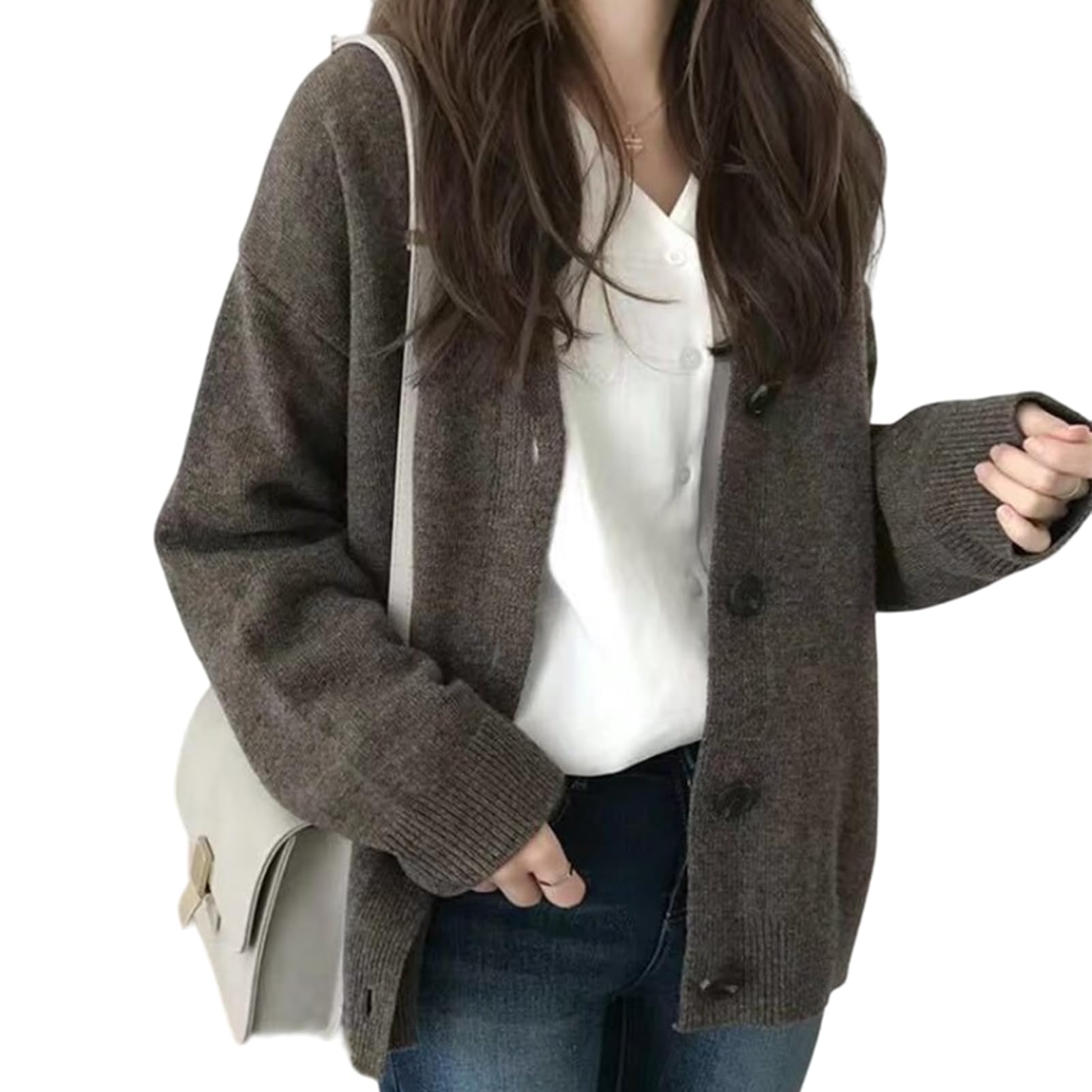 【送料無料】[Matreeglam] カーディガン レディース Vネックカーディガン ゆったり 羽織 ニット セーター 秋冬 スクールカーディガン アウター 無地 カジュアル 可愛い 暖かい 春秋冬に適用 通勤 通学 フリーサイズ (JP, アルファベット, Free Size, コーヒー色)