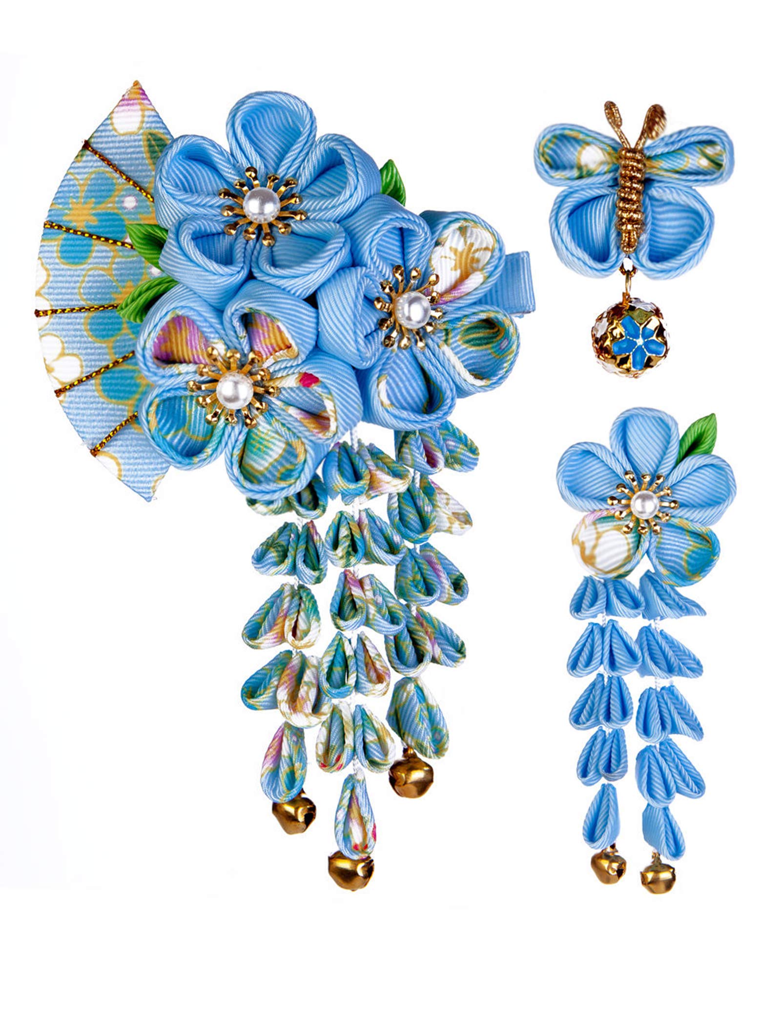 【送料無料】JZOON 髪飾り3点セット 成人式 七五三 浴衣 袴 着物 振袖 和装 つまみ細工 花 卒業式 結婚式 鈴付き 手作り 青B 5色全15選