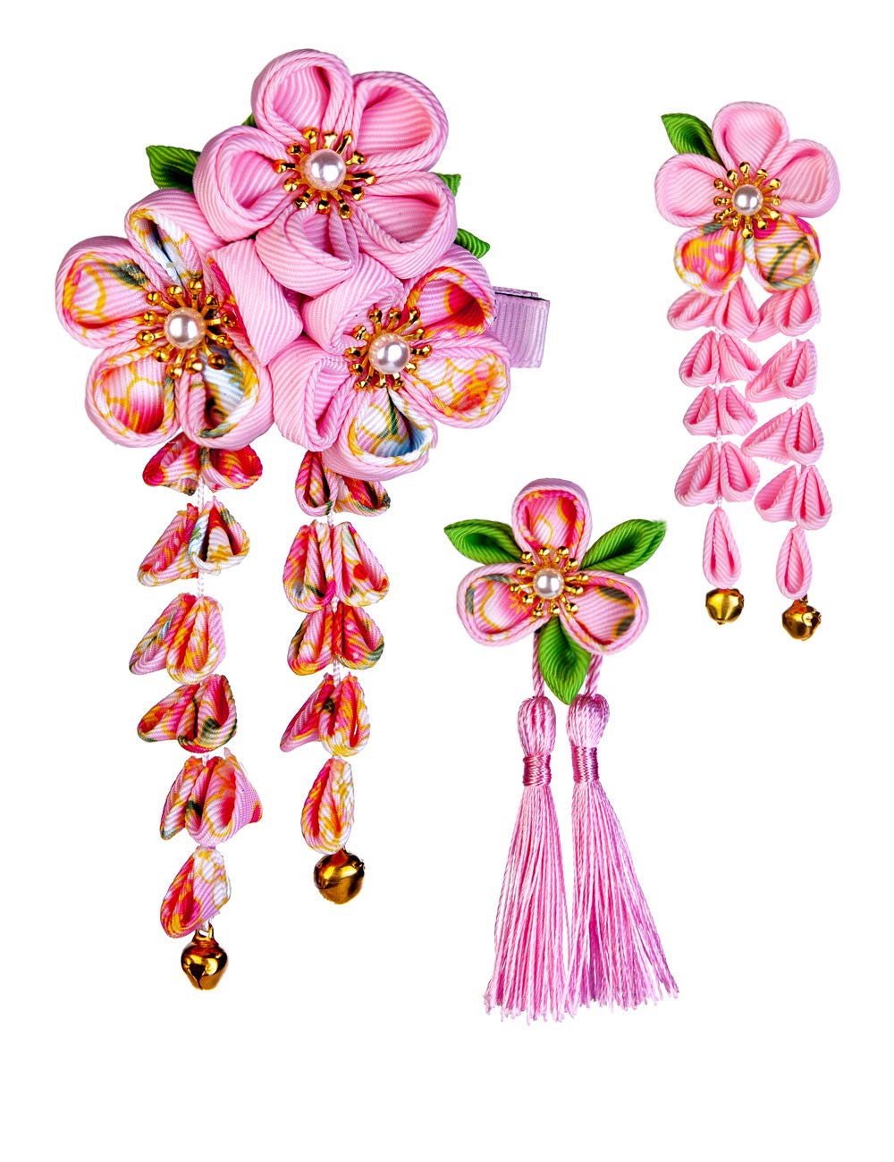 【送料無料】JZOON 髪飾り3点セット 成人式 七五三 浴衣 袴 着物 振袖 和装 つまみ細工 花 卒業式 結婚式 鈴付き 手作り ピンクC 5色全15選