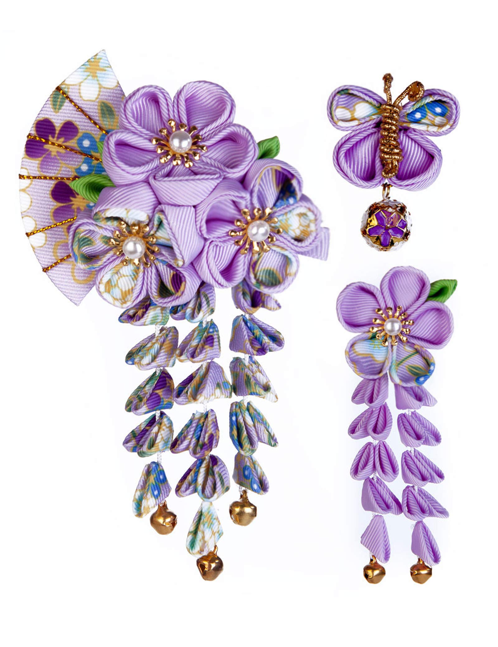 【送料無料】JZOON 髪飾り3点セット 成人式 七五三 浴衣 袴 着物 振袖 和装 つまみ細工 花 卒業式 結婚式 鈴付き 手作り 紫B 5色全15選