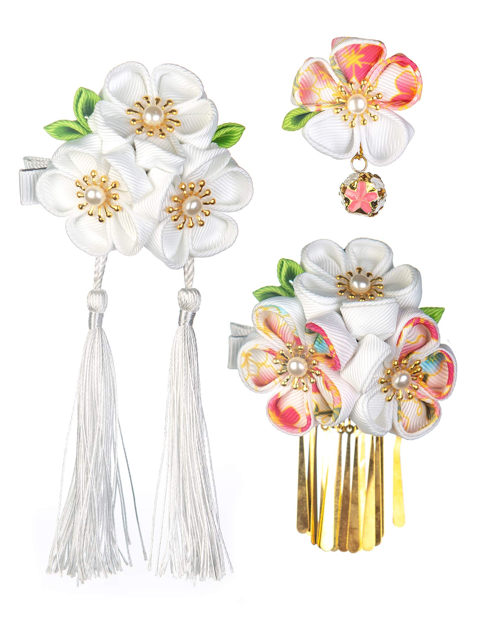 【送料無料】JZOON 髪飾り3点セット 成人式 七五三 浴衣 袴 着物 振袖 和装 つまみ細工 花 卒業式 結婚式 鈴付き 手作り 白A 5色全15選