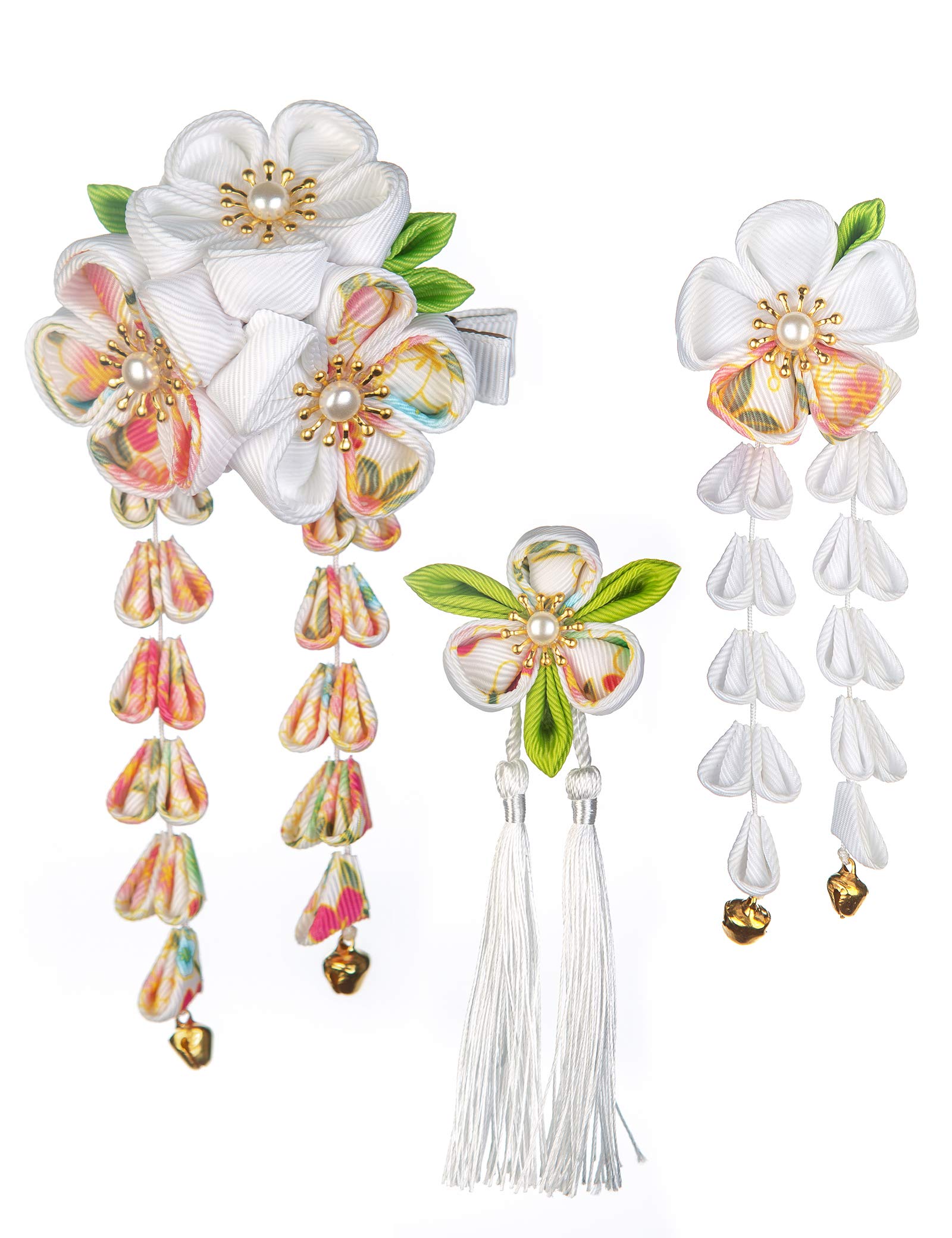 【送料無料】JZOON 髪飾り3点セット 成人式 七五三 浴衣 袴 着物 振袖 和装 つまみ細工 花 卒業式 結婚式 鈴付き 手作り 白C 5色全15選