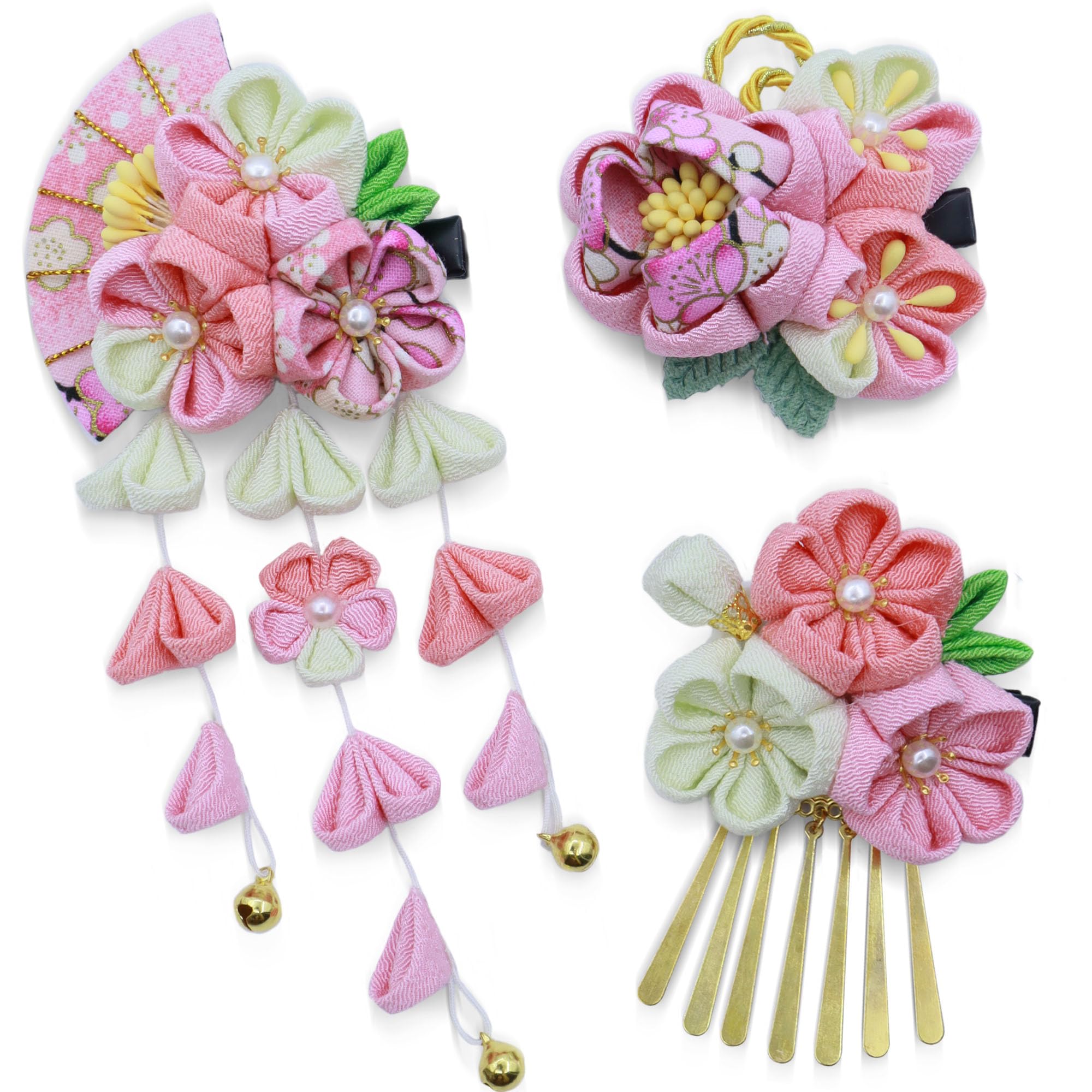 【送料無料】【JZOON 髪飾り】七五三 3点セット つまみ細工 成人式 浴衣 袴 着物 振袖 和装 花 卒業式 結婚式 鈴付き 手作り 赤 黄 青 紫 ピンク...