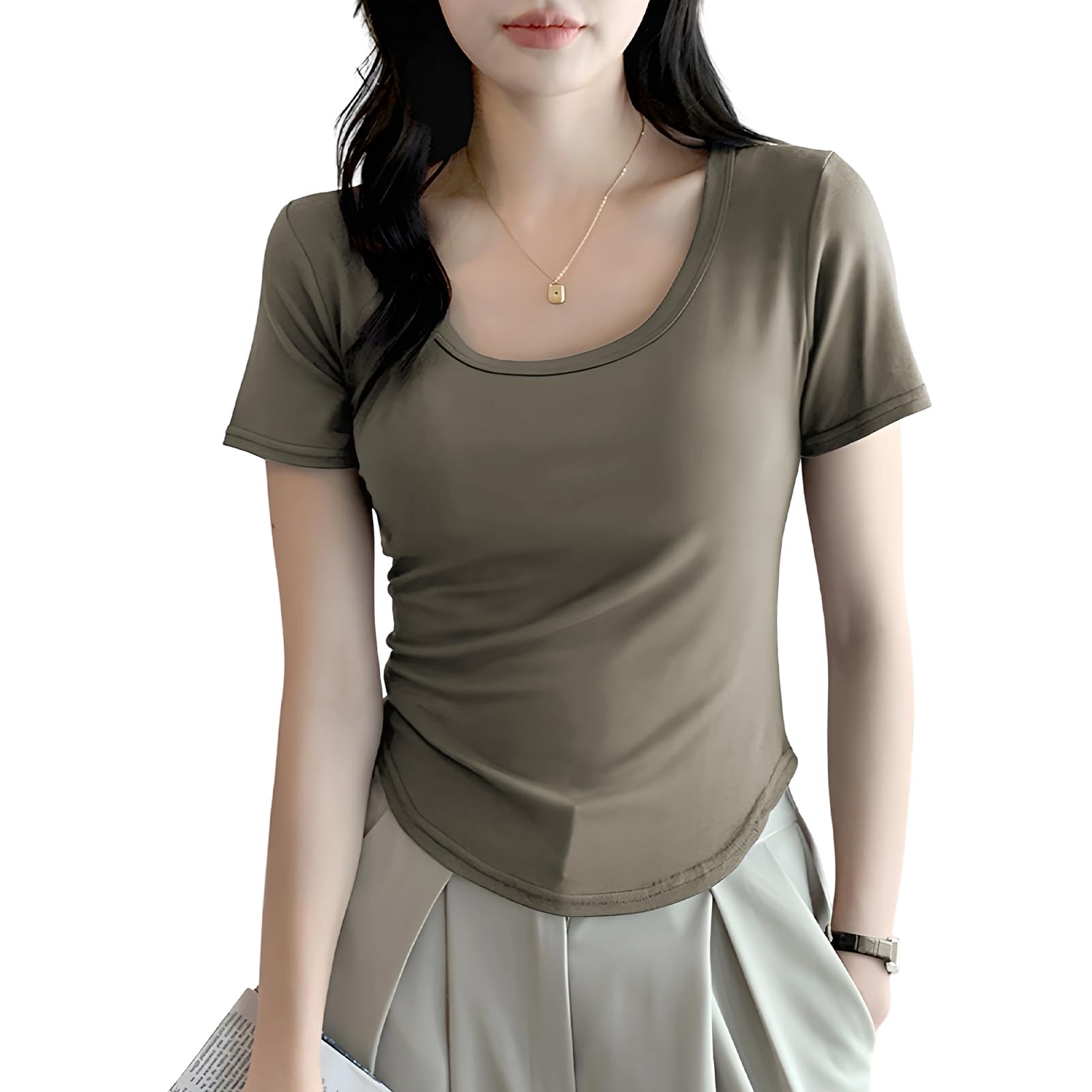 【送料無料】[Moerstar] レディース Uネック 半袖Tシャツ 丸首 Tシャツ 春夏向け 薄手 インナー＆アウ..