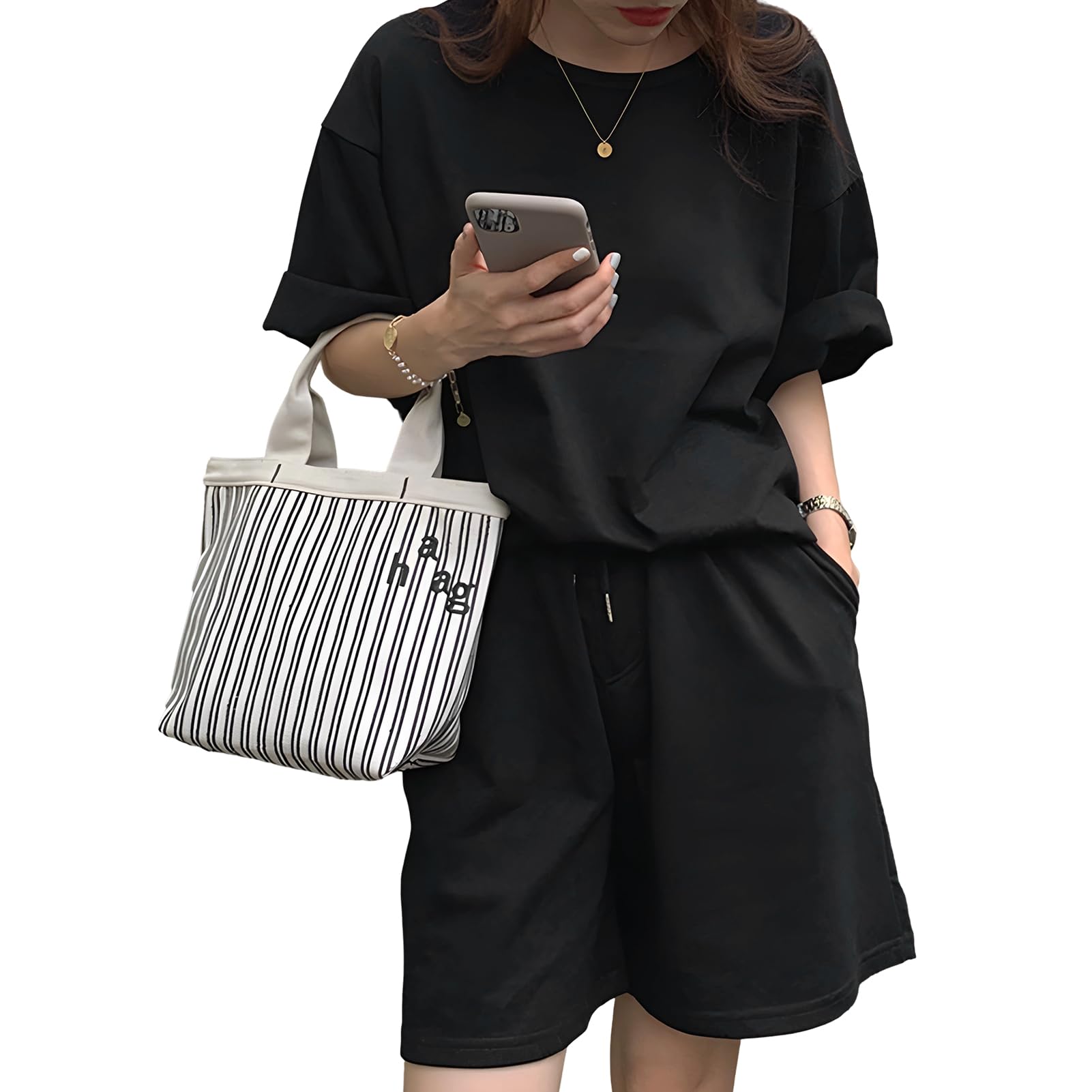 【送料無料】[Moerstar] 部屋着 セットアップ レディース 半袖トップス & ショートパンツ 2点セット 上下 無地 スウェット ルームウェア 夏 ショートパンツ スポーツ 温泉 おしやれ ゆったりサイズ カジュアル 可愛い 3色 (JP, アルファベット, L, ブラック)