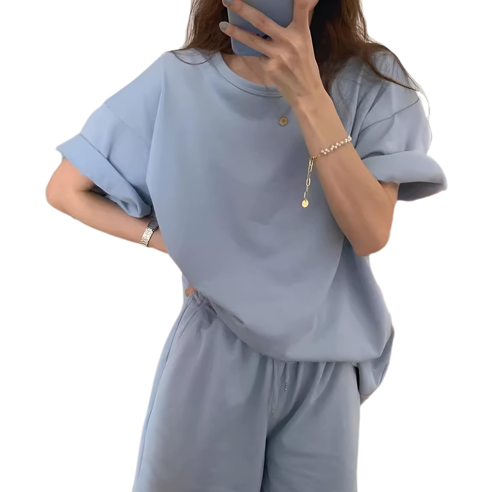 【送料無料】[Moerstar] 部屋着 セットアップ レディース 半袖トップス & ショートパンツ 2点セット 上下 無地 スウェット ルームウェア 夏 ショートパンツ スポーツ 温泉 おしやれ ゆったりサイズ カジュアル 可愛い 3色 (JP, アルファベット, XL, ブルー)