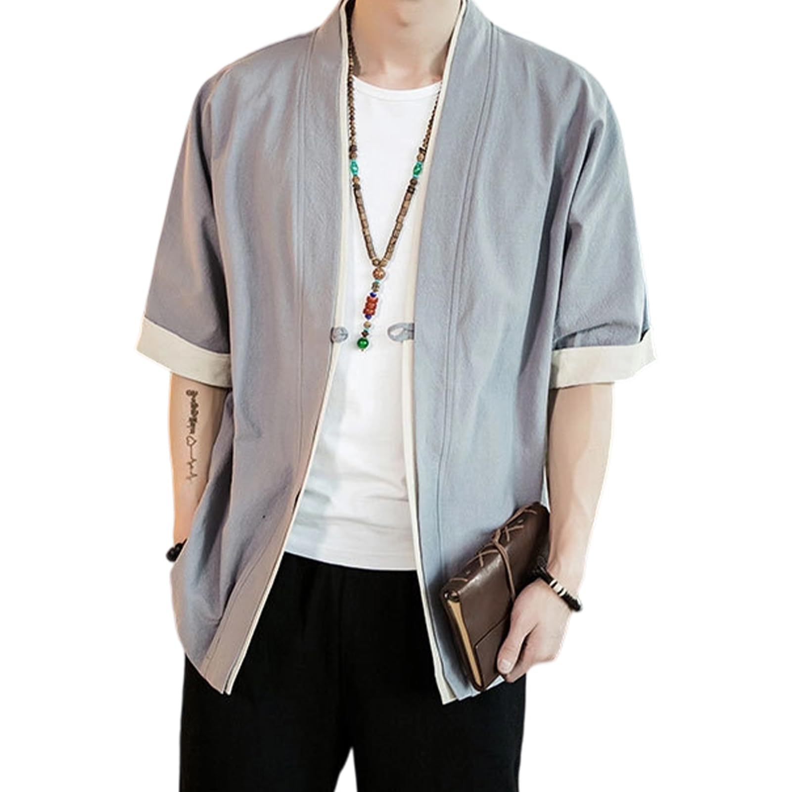 【送料無料】[Moerstar] 半袖パーカー メンズ uvカット パーカー 開襟シャツ 和式 tシャツ 夏 トップス 和風 和式 和柄 カーディガン コート 無地 ゆったり おしゃれ カジュアル 重ね着風 通気性 薄手 かっこいい (JP, アルファベット, M, グレー)