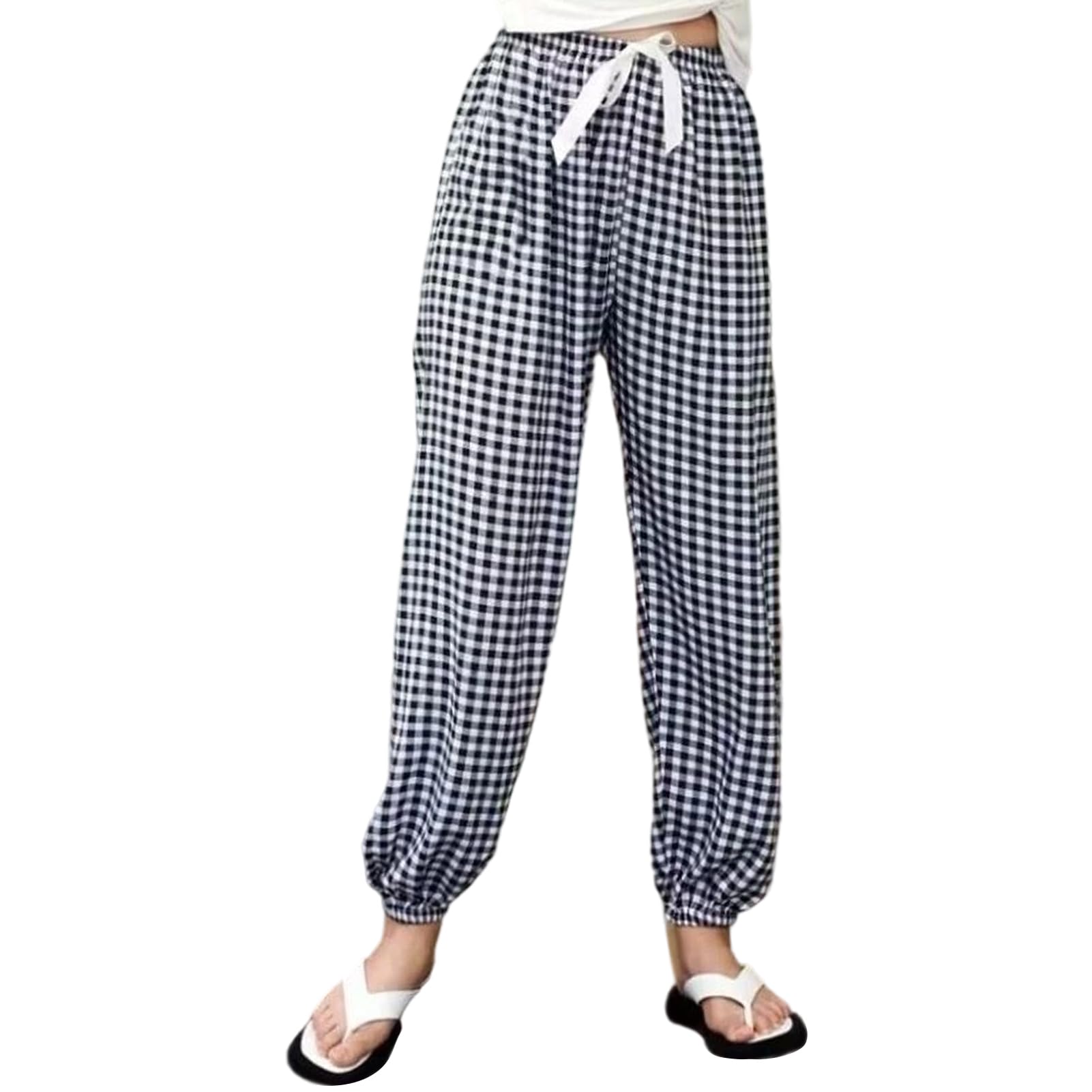 【送料無料】[Moerstar] ルームパンツ レディース パジャマボトム レーヨン 夏 ゆったり 体型カバー 部屋着 ヨガパンツ ナイトウェアボトム リラックス ハワイアン風 Free size (JP, アルファベット, Free Size, 黒白のチェック)