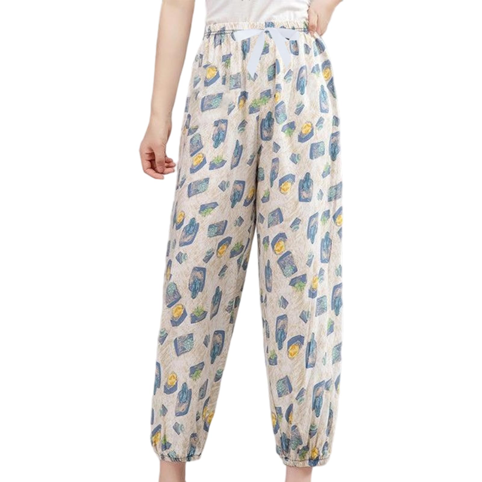 【送料無料】[Moerstar] ルームパンツ レディース パジャマボトム レーヨン 夏 ゆったり 体型カバー 部屋着 ヨガパンツ ナイトウェアボトム リラックス ハワイアン風 Free size (JP, アルファベット, Free Size, 青い幾何学)
