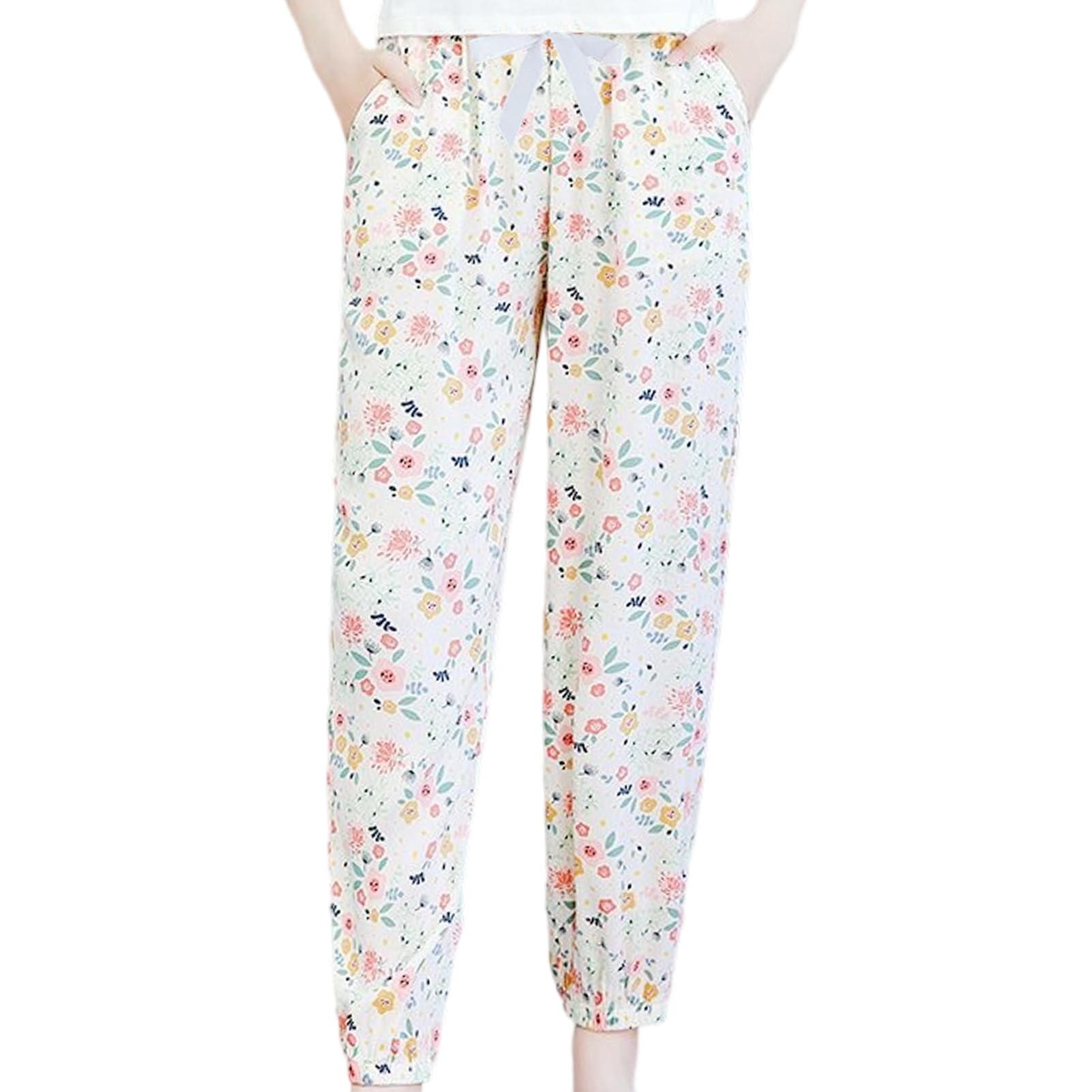 【送料無料】[Moerstar] ルームパンツ レディース パジャマボトム レーヨン 夏 ゆったり 体型カバー 部屋着 ヨガパンツ ナイトウェアボトム リラックス ハワイアン風 Free size (JP, アルファベット, Free Size, 小花)