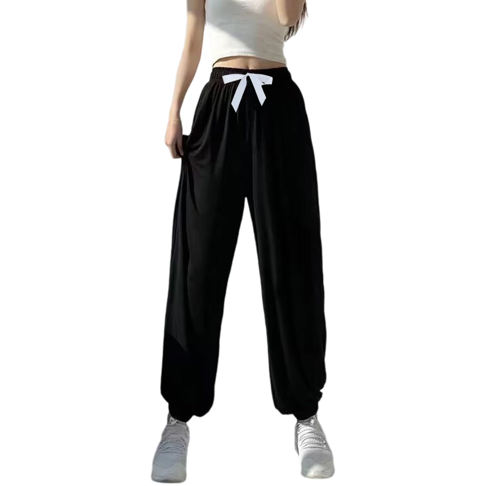 【送料無料】[Moerstar] ルームパンツ レディース パジャマボトム レーヨン 夏 ゆったり 体型カバー 部屋着 ヨガパンツ ナイトウェアボトム リラックス ハワイアン風 Free size (JP, アルファベット, Free Size, ブラック)