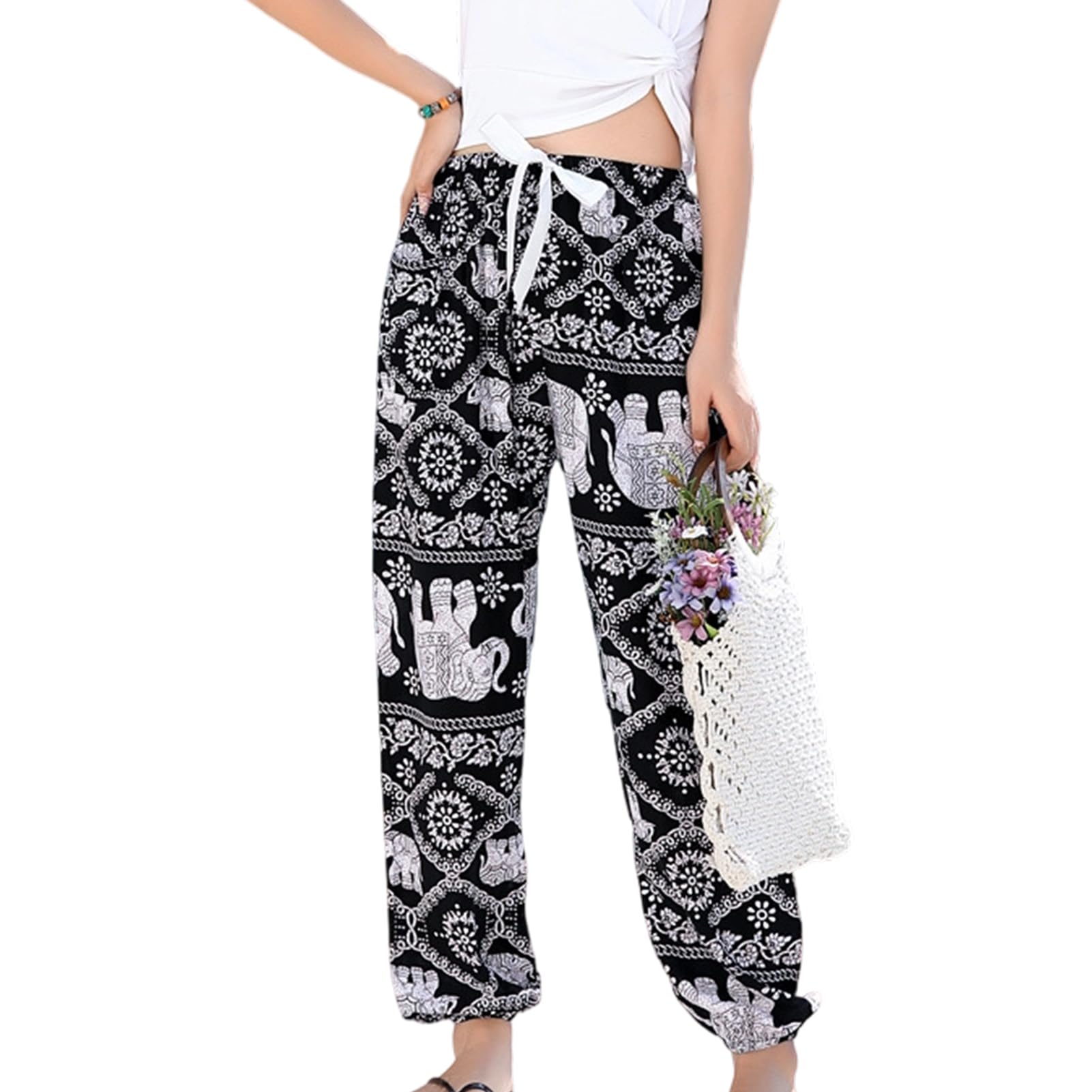 【送料無料】[Moerstar] ルームパンツ レディース パジャマボトム レーヨン 夏 ゆったり 体型カバー 部屋着 ヨガパンツ ナイトウェアボトム リラックス ハワイアン風 Free size (JP, アルファベット, Free Size, 象柄)