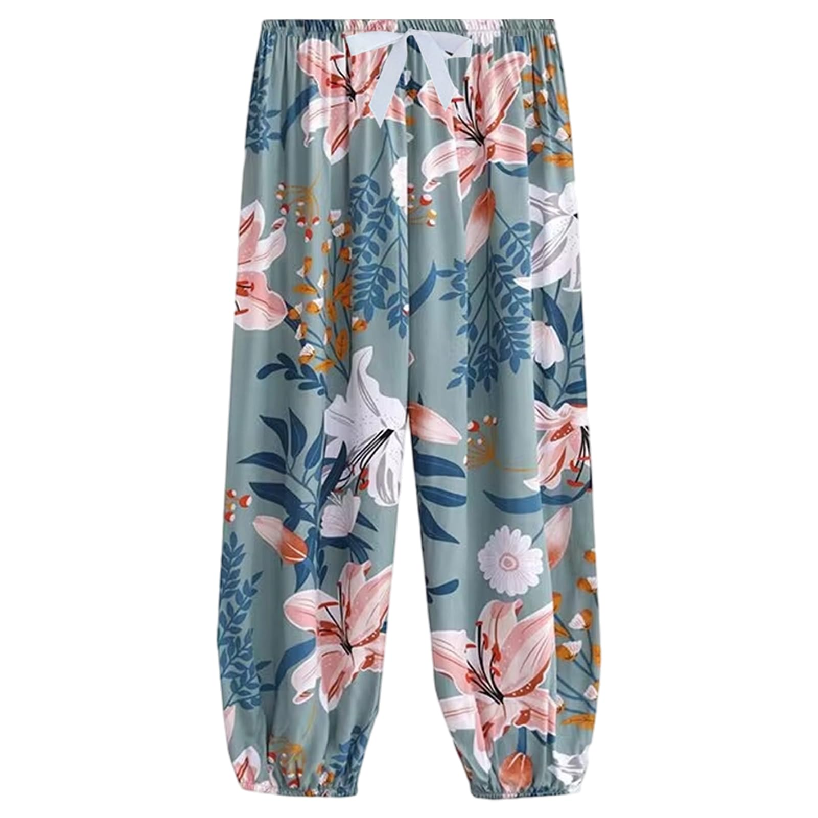 【送料無料】[Moerstar] ルームパンツ レディース パジャマボトム レーヨン 夏 ゆったり 体型カバー 部屋着 ヨガパンツ ナイトウェアボトム リラックス ハワイアン風 Free size (JP, アルファベット, Free Size, ピンク花)