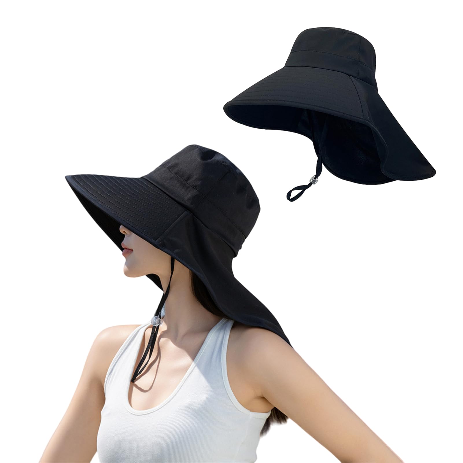 【送料無料】[Moerstar] UVカット 帽子 レディース ハット つば広 首筋まで日焼け対策 完全遮光 通気性 軽量 折りたたみ 持ち運び便利 あご紐付き 小顔効果 園芸 旅行 通勤 農作業 アウトドア 春夏 日除けハット 5色 (JP, アルファベット, Free Size, ブラック)