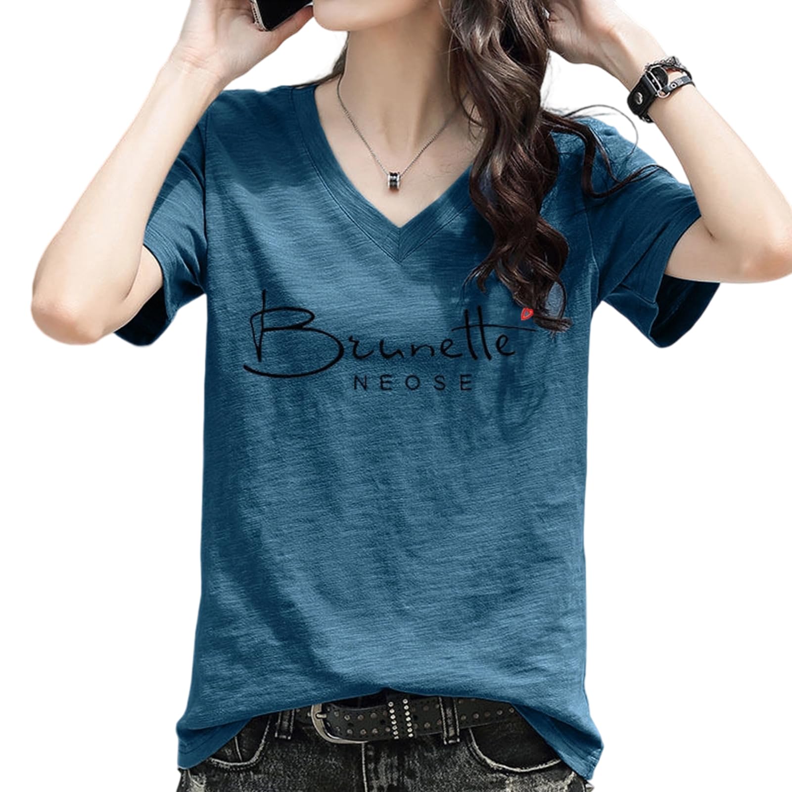 【送料無料】[Moerstar] tシャツ レディース 半袖 夏 vネック 綿 トップス ティーシャツ 着痩せ 薄手 通気性 吸汗速乾 耐久性 柔らかい シンプル おしゃれ カジュアル おもしろ ゆったり 通勤 (JP, アルファベット, L, ブルー)