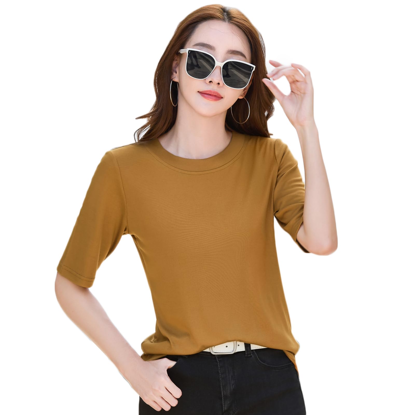 【送料無料】[Blostirno] Tシャツ レディース 半袖 トップス クールネック 薄手 シンプル夏 無地 おしゃれ（JP0100YE-XXL）