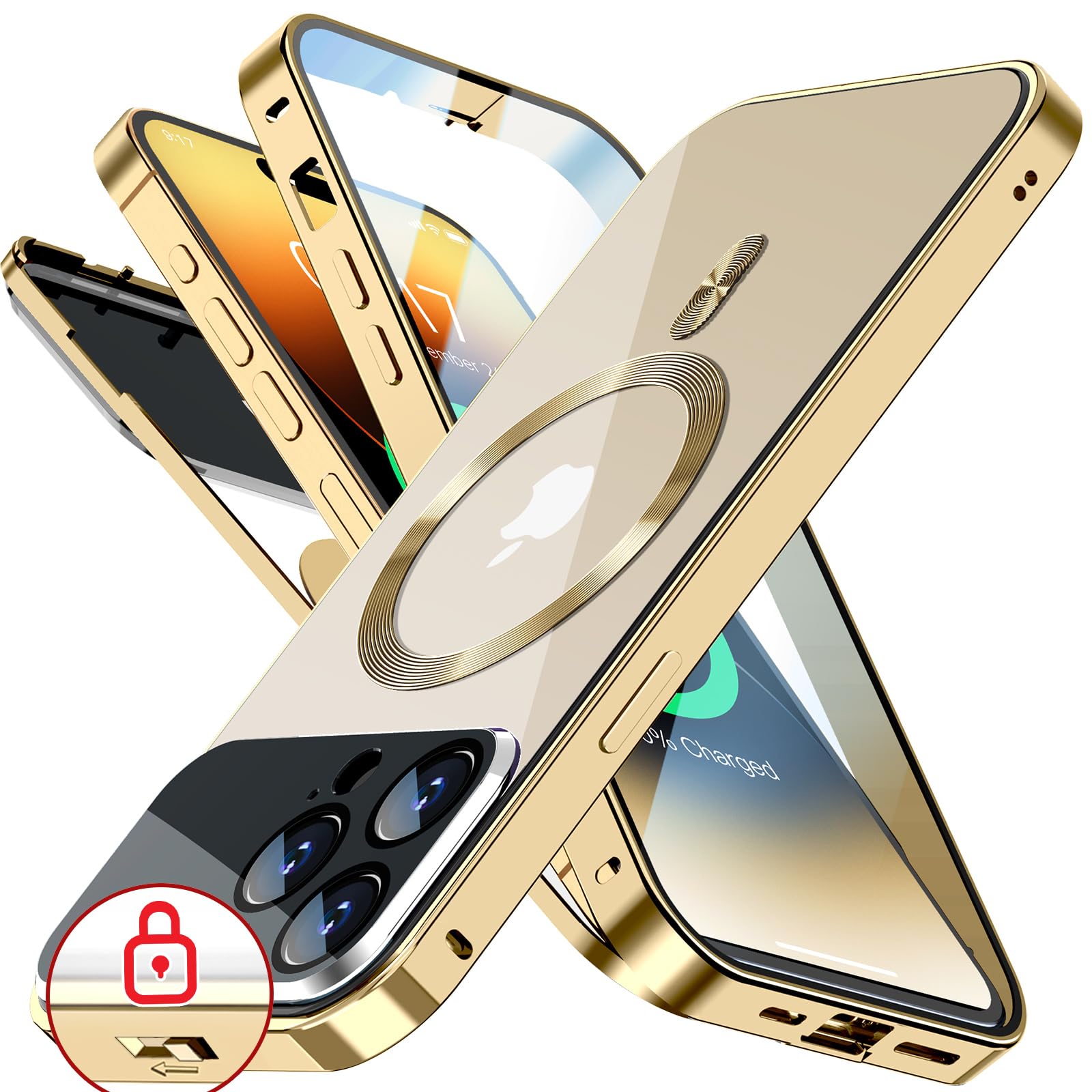 【送料無料】Rosycover【新次元の一体型レンズ・メカニカルロック】iPhone 14 Pro Max 用の ケース Mag-safe対応[360°全面保護・両面強化ガラス][本体の色・CD Mag-safeリング]マグセーフ ワイヤレス充電対応 ストラップホール付き アルミ合金バンパース アイホン14プロ