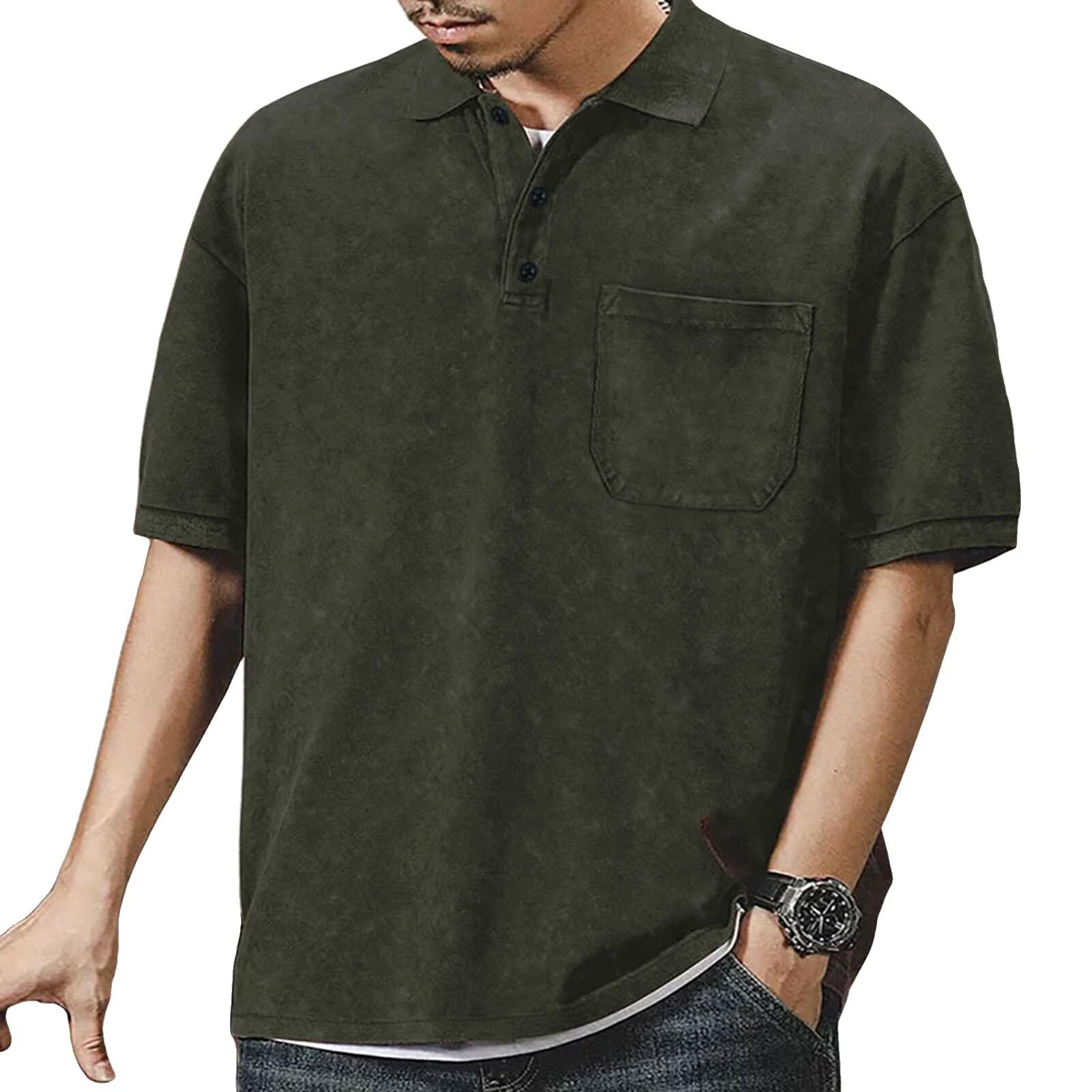 【送料無料】[ORBU] メンズ 半袖 ポロシャツ オーバーサイズ ヴィンテージ風 ゴルフウェア 柔らかい触感 通気性良好 カジュアルデザイン 半袖 ポケット付き シンプルデザイン Tシャツ 全5色（ヴィンテージグリーン-2XL）