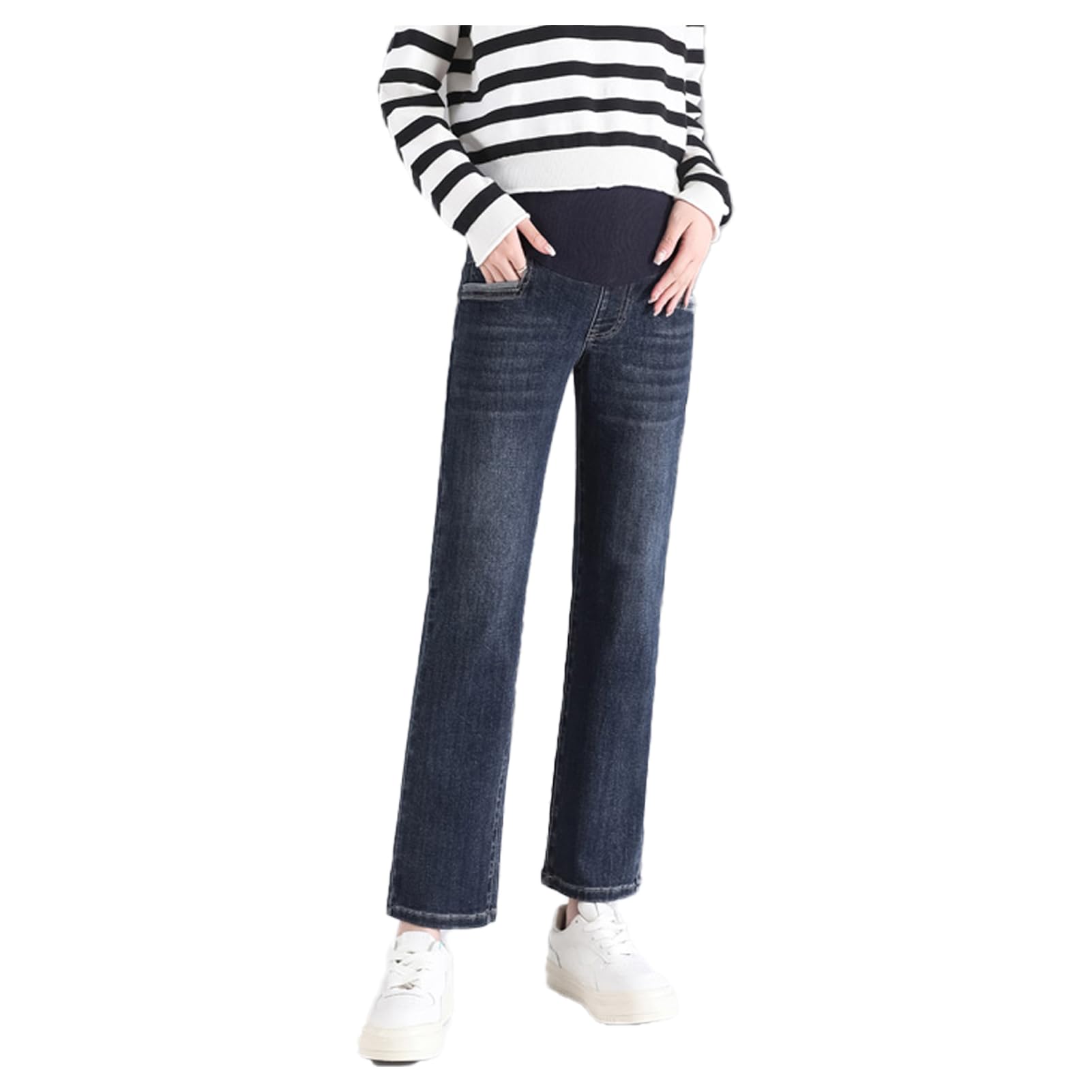 【送料無料】[Onabebi] マタニティパンツ ジーンズ ストレートパンツ 九文丈 妊娠服 ウエスト調整 ポケット付き 体型カバー 足長効果 美感