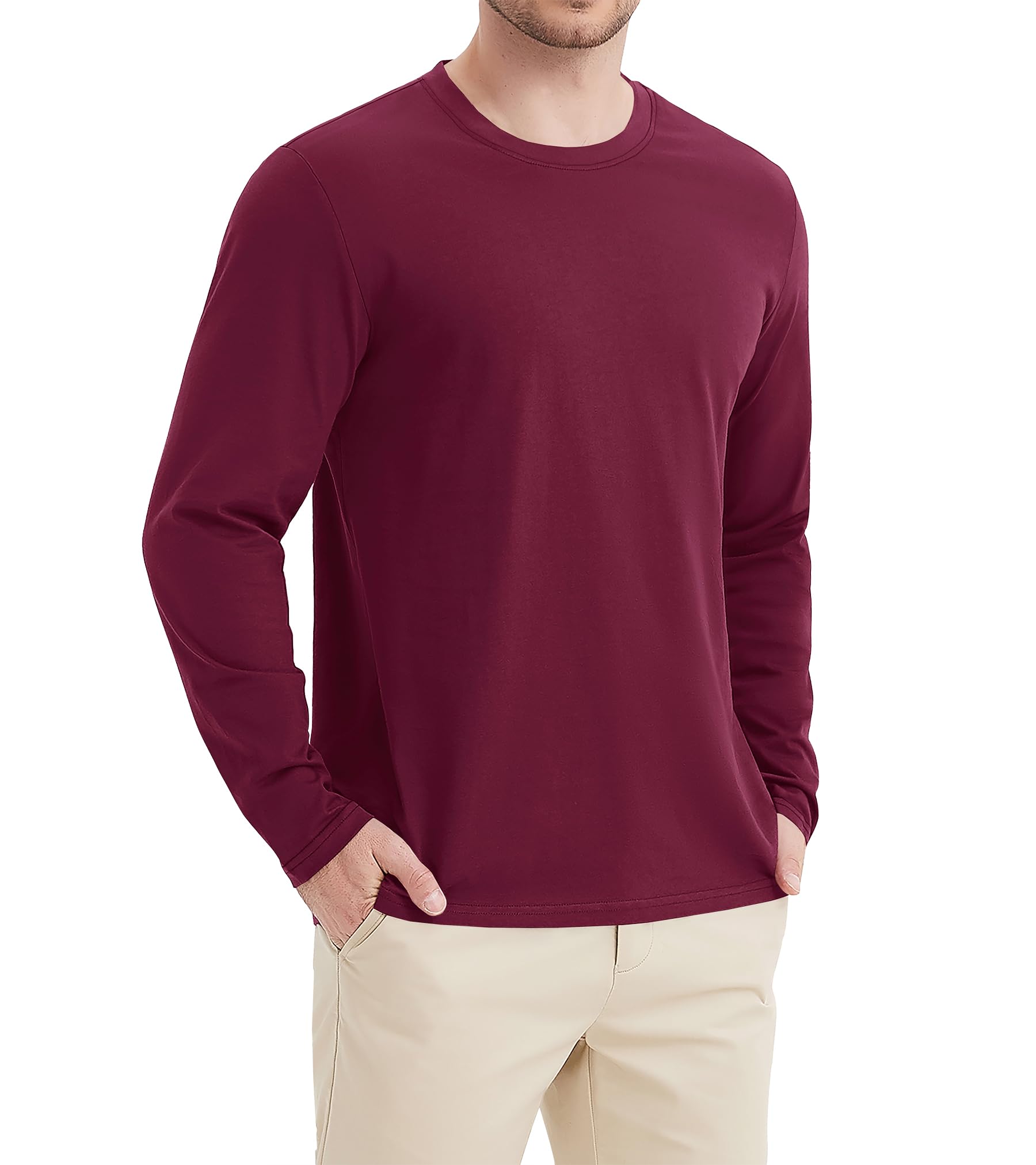【送料無料】[KEFITEVD] 長袖tシャツ メンズ 大きいサイズ カジュアル 無地 綿 ゴルフウェア 吸汗速乾 薄手 インナーシャツ ゆったり ロンティー 部屋着 男性用 秋冬 ワインレッド 2XL