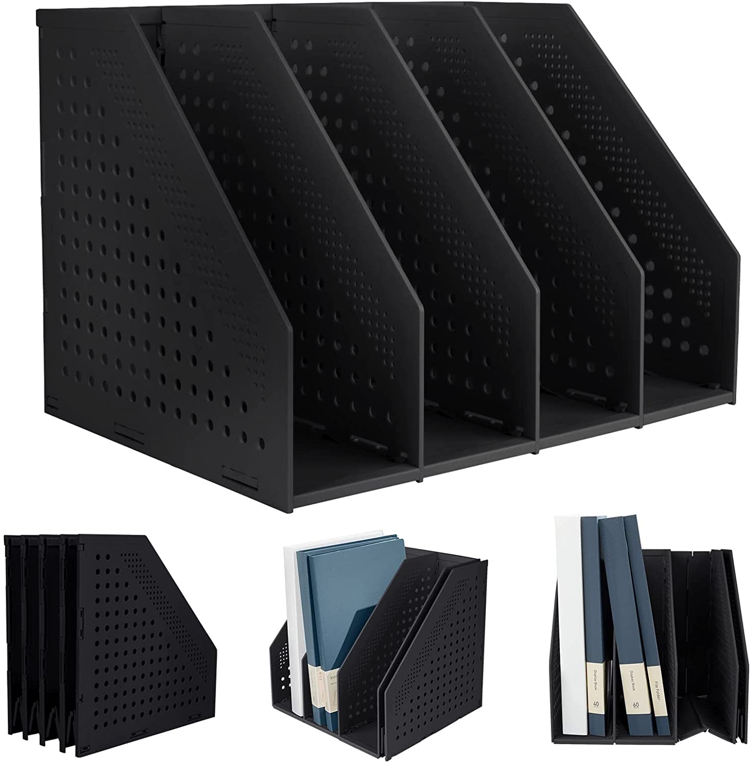 【送料無料】Panavage ファイルボックス 本立て 文具収納 事務用品 卓上棚 オフィス 卓上書類収納 折りたたみ式 4段 黒