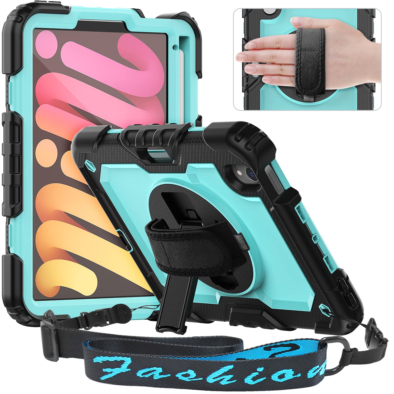 【送料無料】Timecity iPad Mini 7/6 ケース (2024、A17 Pro) 耐衝撃 iPad Mini 第7/6世代 (8.3インチ) ケース 360回転スタンド 三層保護 頑丈 画面フィルム ペン収納 ハンド＆ショルダー 肩掛け ストラップ付き iPad Mini7/6 カバー 頑丈 傷防止 子供 現場 (ライトブル