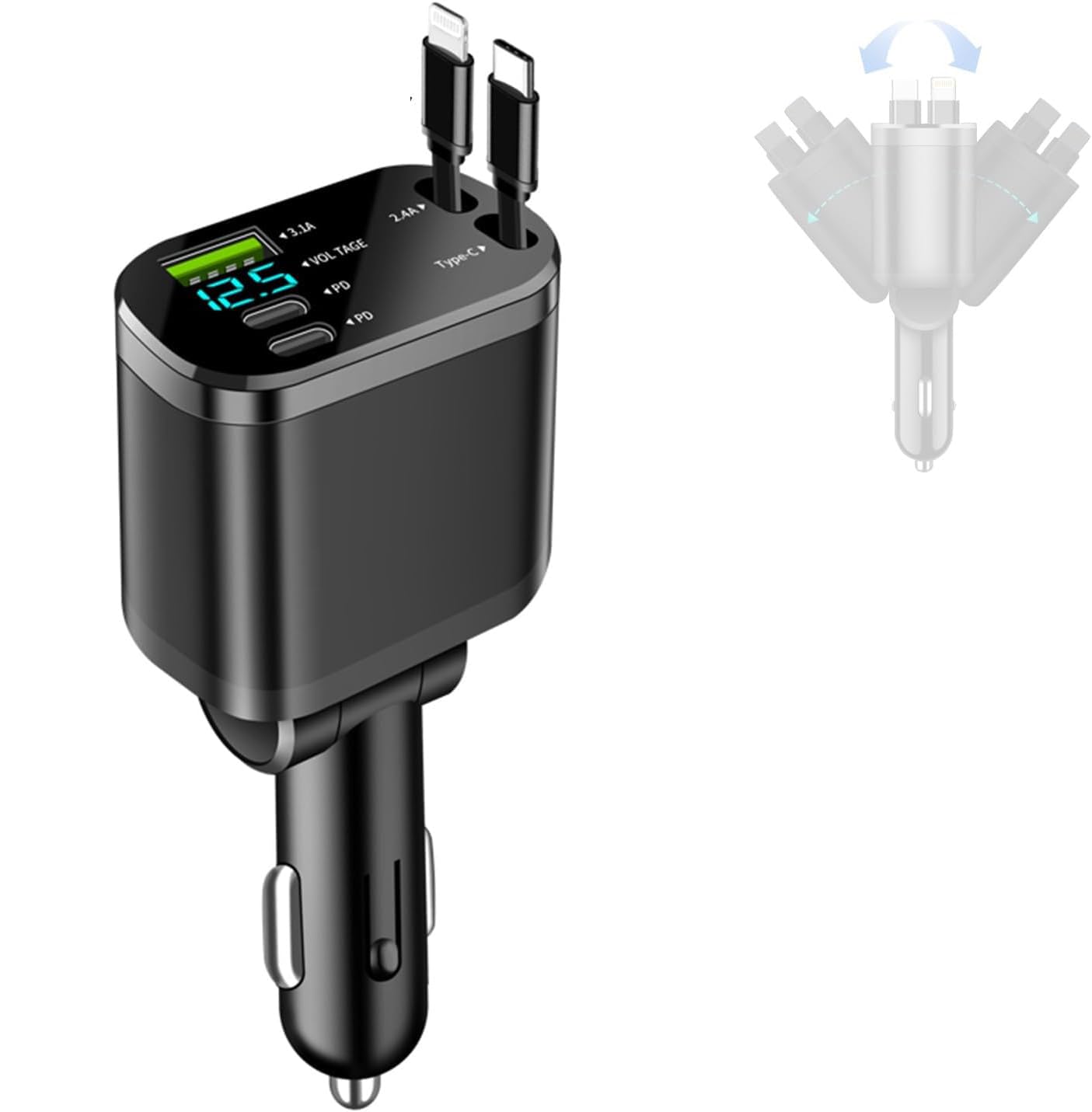 【送料無料】車 充電器 シガーソケット USB【巻き取り式】カーチャージャー 5in1 車載充電器 巻き取り式ケーブル Type-C100W/20W急速充電 5台同時充 電 iPhone16/15/14/13/12 Galaxy S22/S21 UItra Xperia iPad AQUOSなど LED表示電圧 DC12-24V車対応