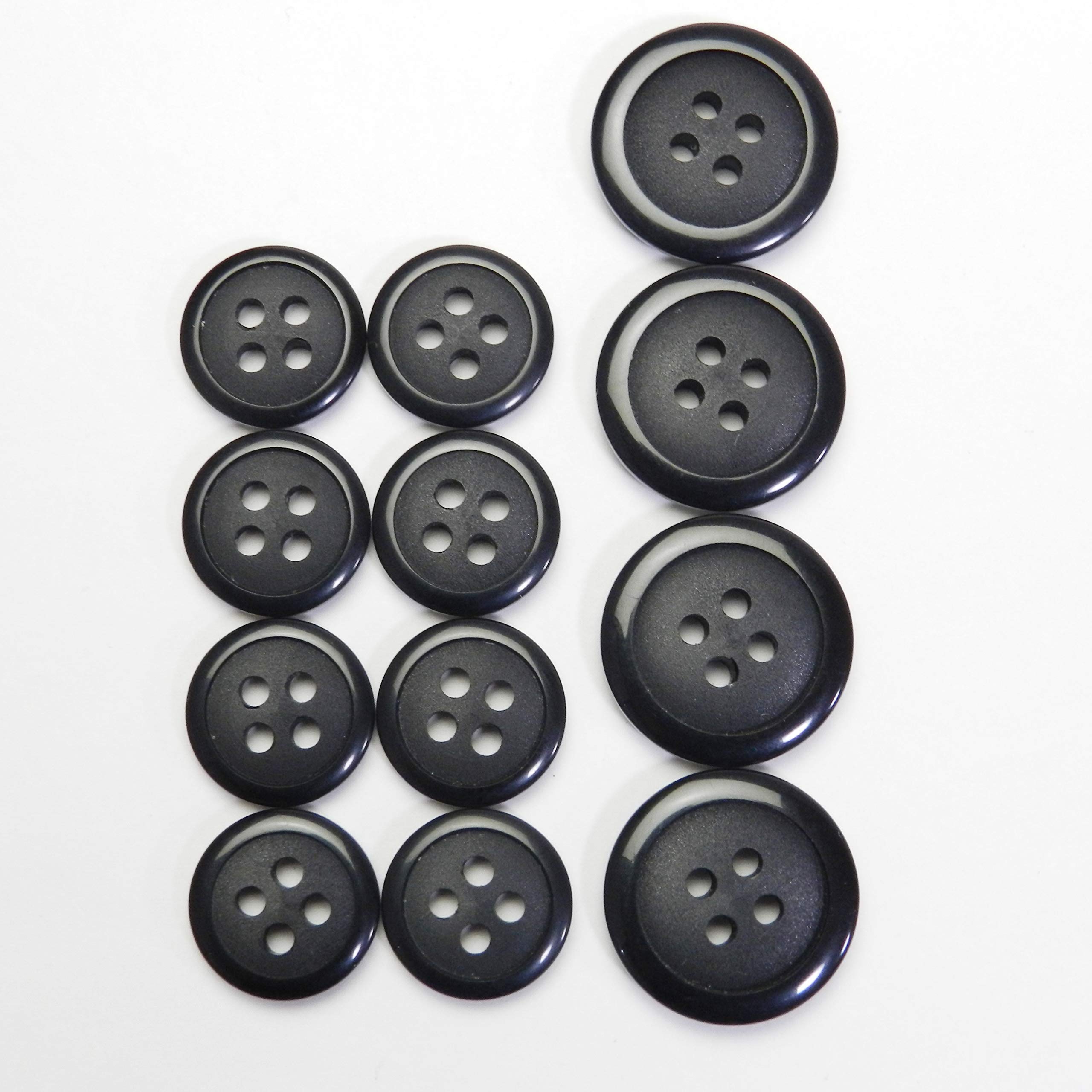 【送料無料】黒色ボタン 4穴 スーツ 1着分セット ジャケット カーディガン 手芸 最適 981-15-BK-018 981-20-BK-019 (スーツ1着分セット 20mm：4個入 15mm：8個入)