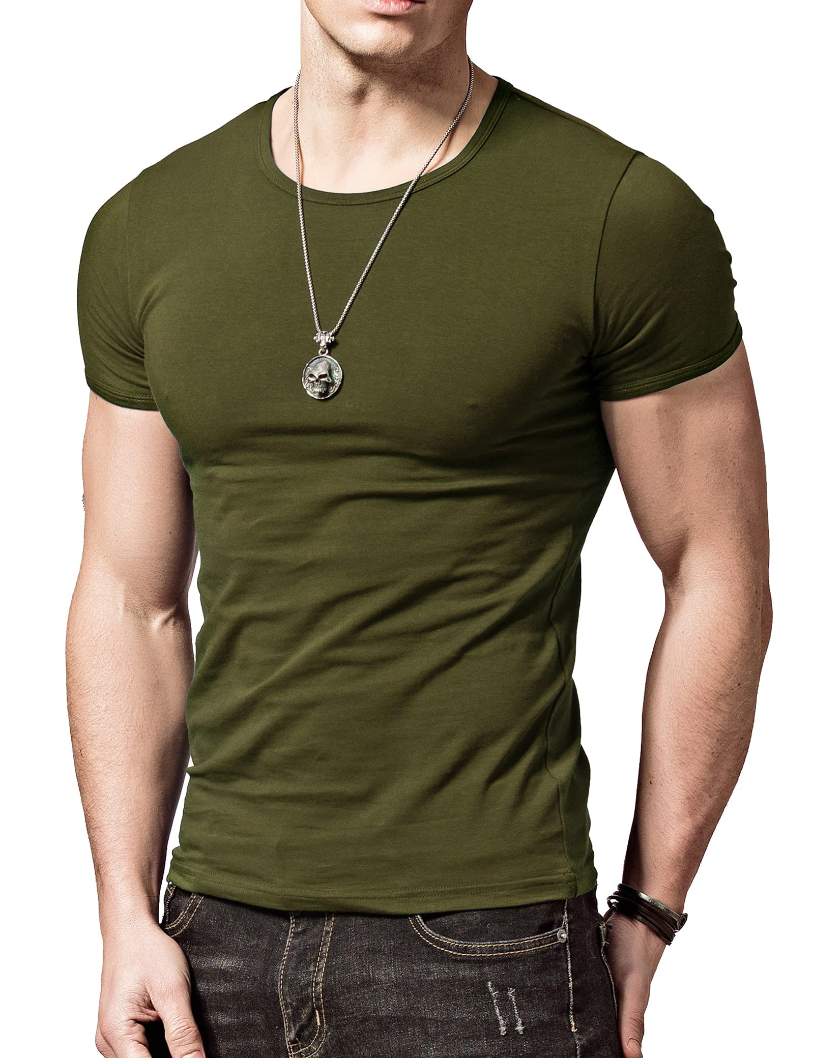 【送料無料】[XDIAN] Tシャツメンズ Tシャツ T-shirt 半袖T シャツ トップス Tシャツカットソー クルーネック スリム タイトフィットネス動きコットン半袖服 T shirt AmyGreen M