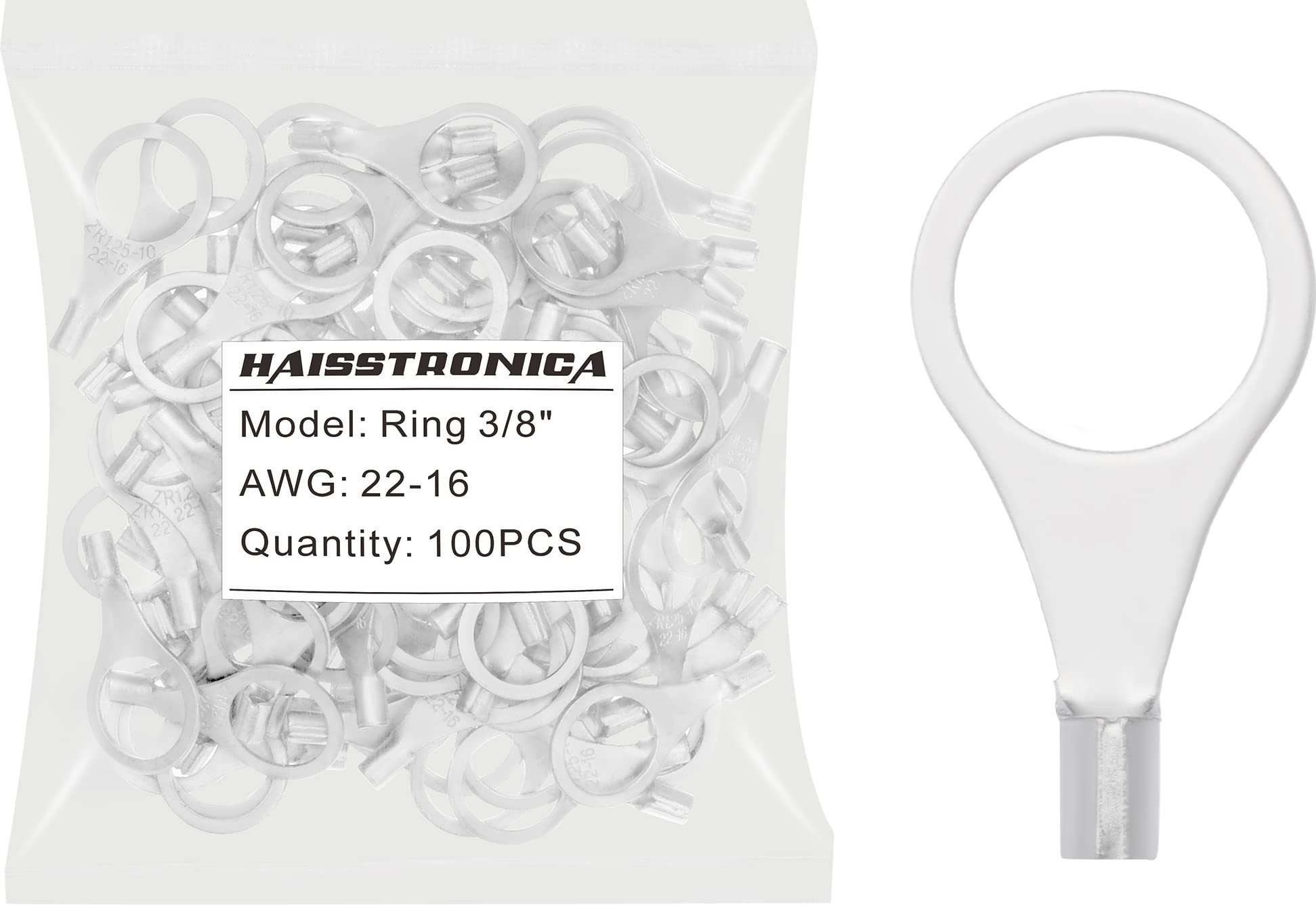 【送料無料】haisstronica 100個 3/8インチ (9.53mm) 穴リング圧着端子 AWG 22-16 (0.32-1.31mm) 非絶..