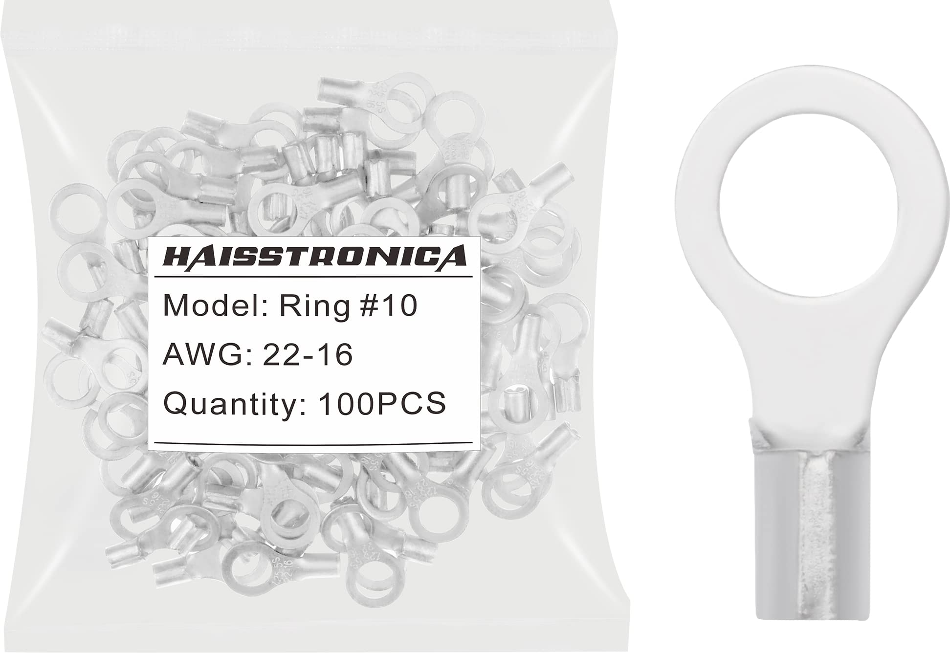 【送料無料】haisstronica 100個 #10インチ (4.8mm) 穴リング圧着端子 AWG 22-16 (0.32-1.31mm) 非絶縁..