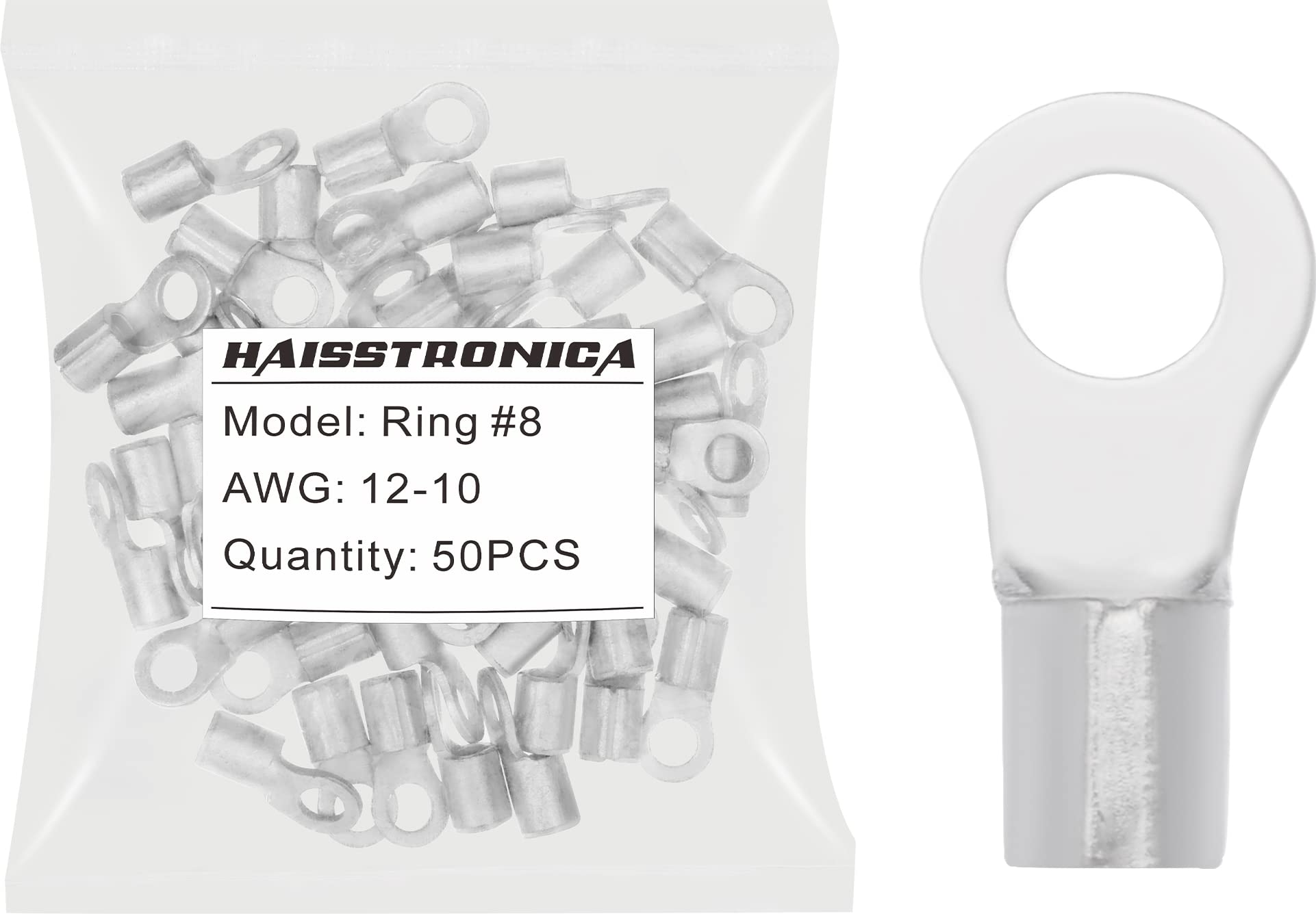 【送料無料】haisstronica 50個 #8インチ (4.2mm) 穴リング圧着端子 AWG 12-10 (3.33-5.26mm) 非絶縁銅..