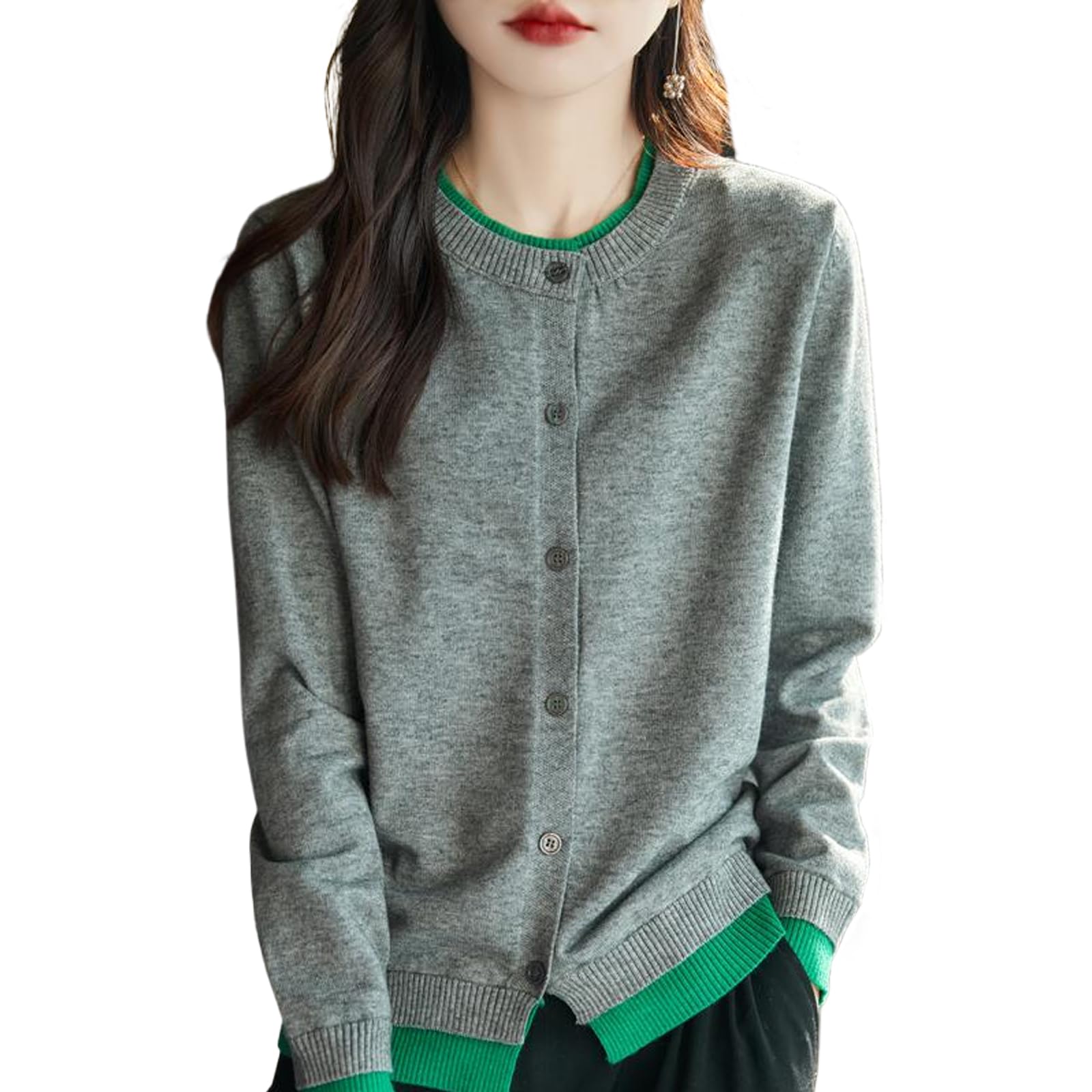 【送料無料】[Niliv] クルーネックカーディガン レディース 長袖 ニット 2種類のカラーマッチング 丸首..