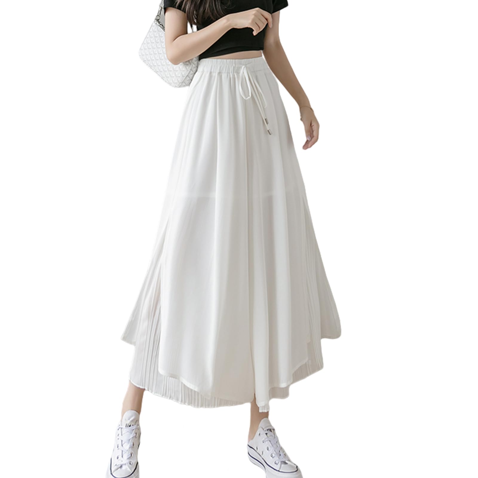 【送料無料】[MEME XTRA] シフォンロングパンツ ワイドパンツ レディース ウエスト ガウチョパンツ ボトムス 大きい サイズ 9分丈 美脚 伸縮性 肌触りが柔らか きれいめ カジュアル 薄手 体型カバー 春 夏 秋