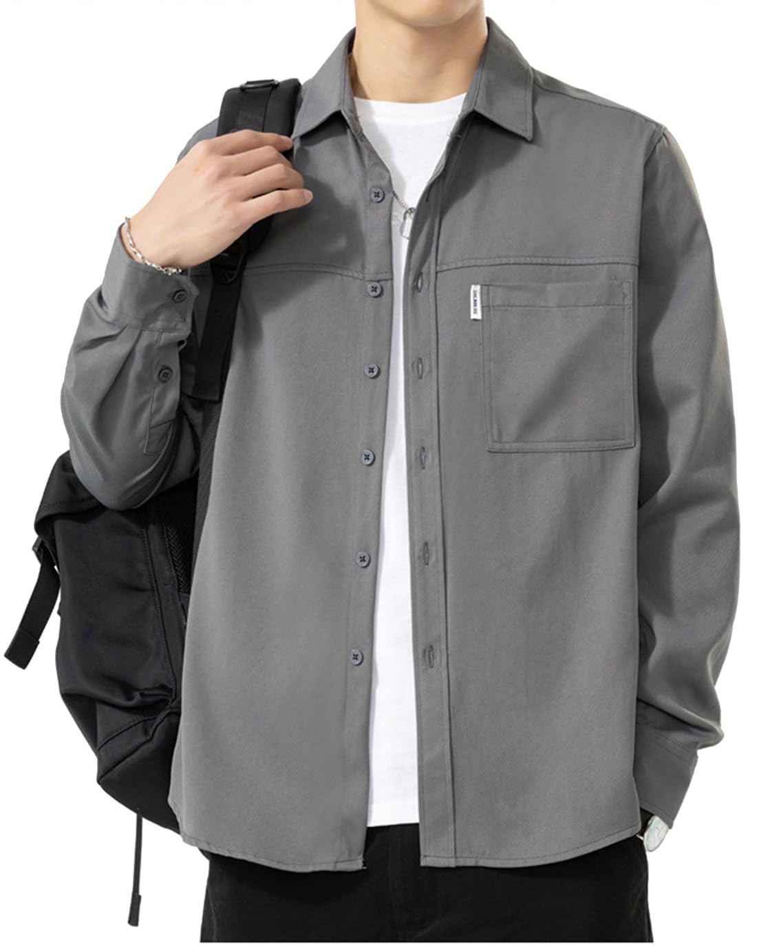 【送料無料】[ODFMCE] シャツ メンズ 長袖 カジュアル 秋 ゆったり 無地 おしゃれ 大きいサイズ (JP, アルファベット, L, グレー)