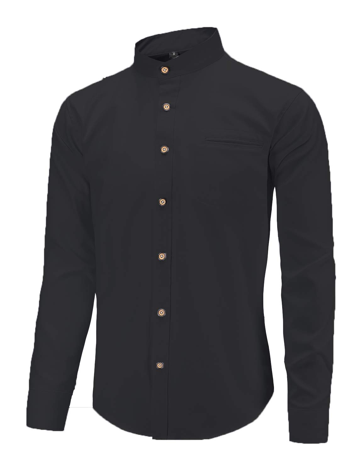 【送料無料】[JEETOO] オックスフォード バンドカラーシャツ メンズ 長袖 スタンドカラーシャツ ビジネスシャツ 無地 カジュアルシャツ (ブラックインサートポケット, M)