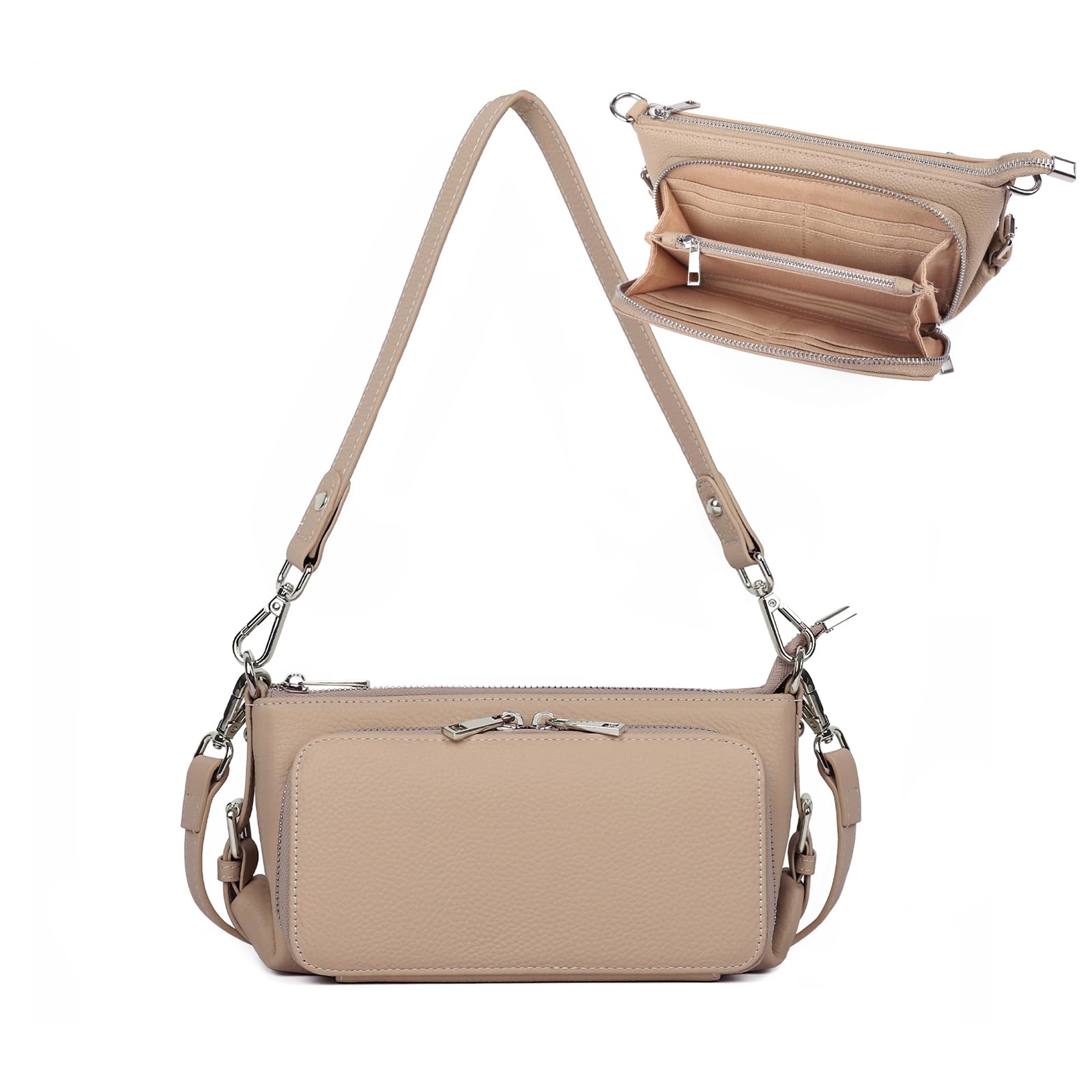 【送料無料】[MFFOR] ショルダーバッグ 本革 レディース 2way お財布ポシェット スマホショルダー 斜めがけ 手持ち 軽量 大容量 柔らかい 高見え 多機能 シンプル カジュアル 人気 日常 通勤（グレージュ）