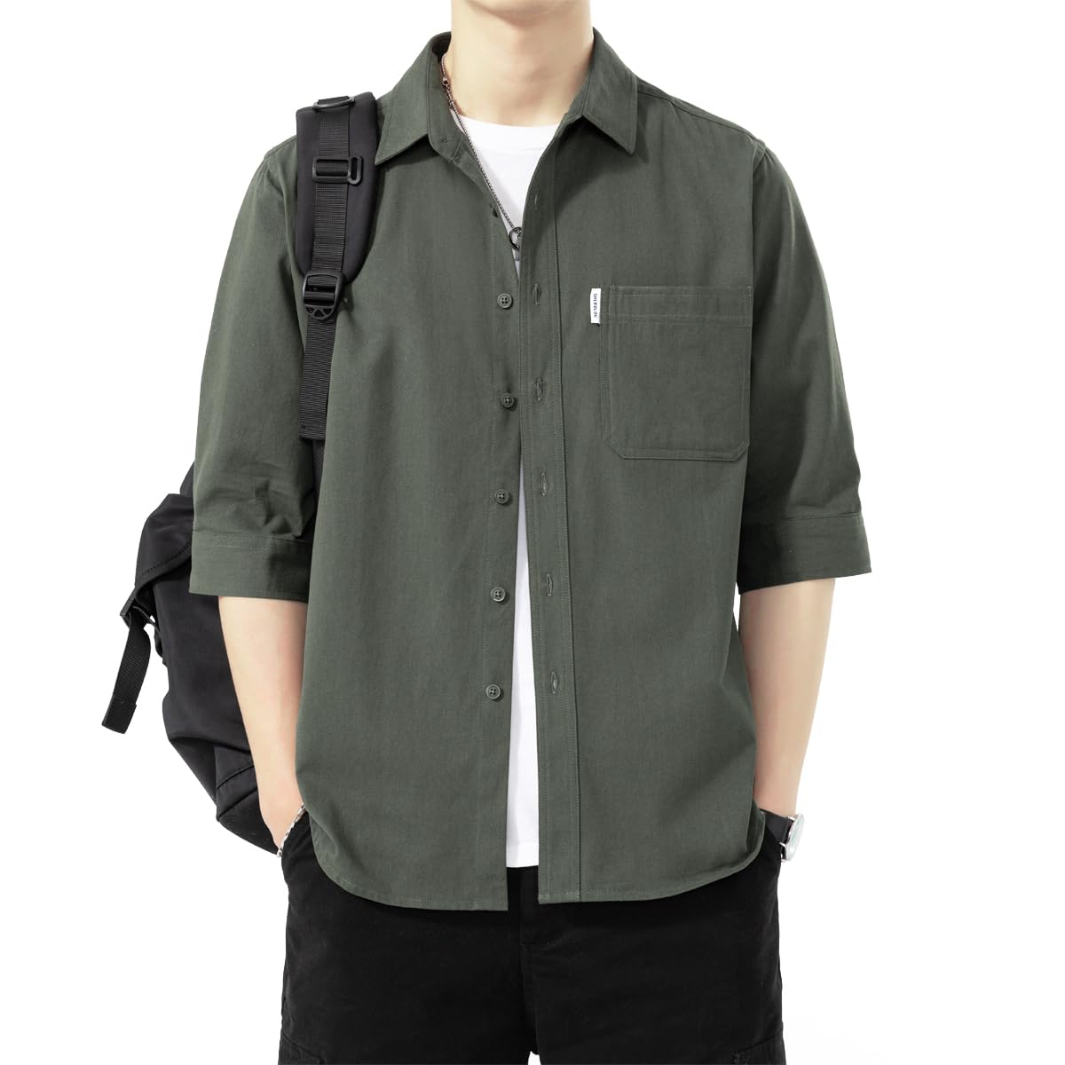 【送料無料】Sukinana 夏服 メンズ 五分袖 シャツ 七分袖 綿100% 吸汗速乾 通気性 かっこいい 人気 快適な ワイシャツ カジュアル シンプル オシャレ 無地 オックスフォード シャツ 春夏秋 対応 (L, アーミーグリーン)