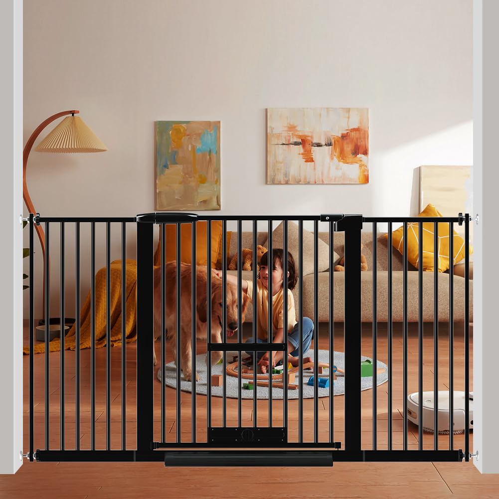 【送料無料】Seogva ペットゲート 3.5cm柵間隔 ペットドア付き 高さ78cm ペットゲート 犬 猫 ゲート ブラック ホワイト 猫用ゲート 過密フレーム付き 猫 ゲート 犬すり抜け防止フェンス つっぱり 扉付き 赤ちゃん ベビーゲート 突っ張り式 自動ロック 階段上 （設置幅13